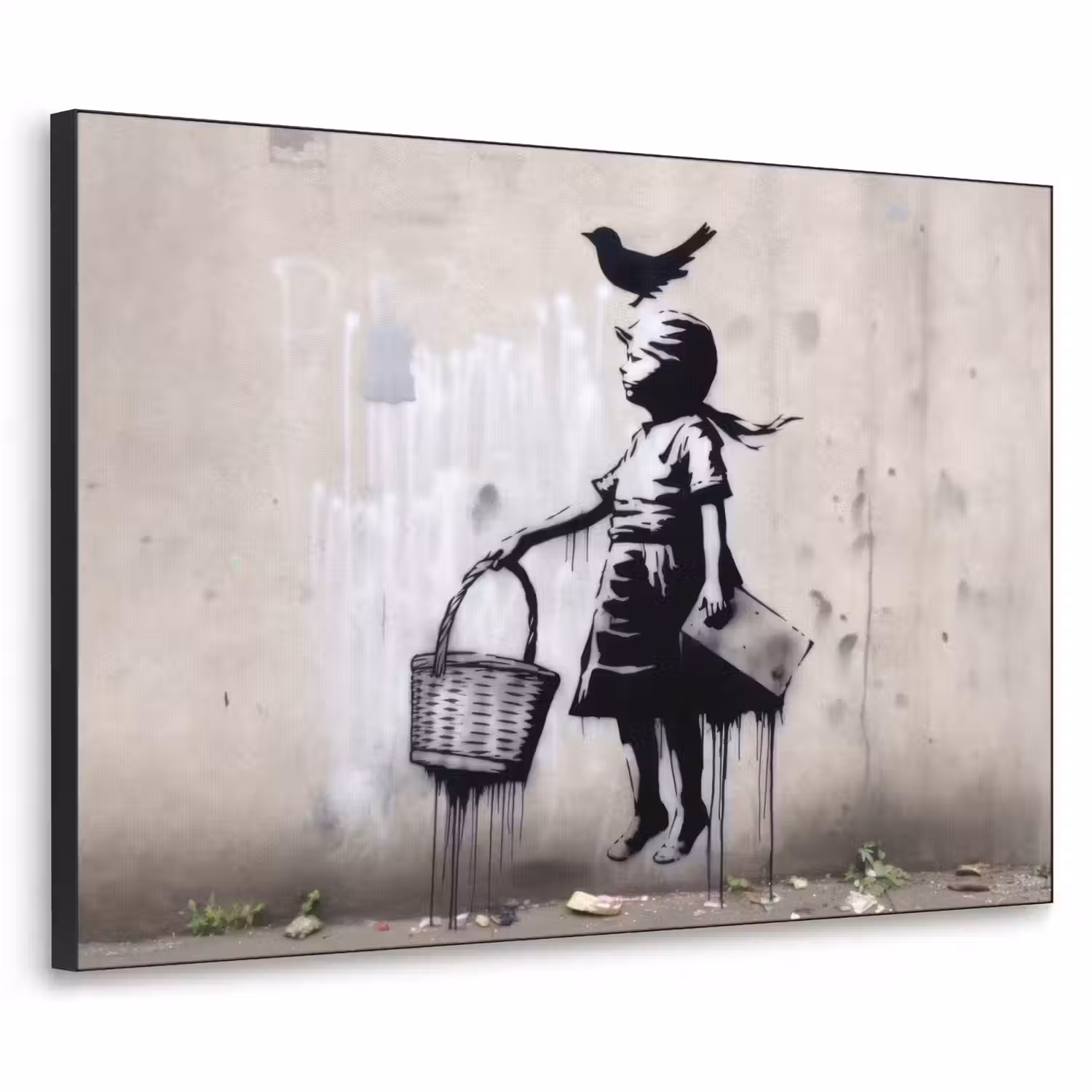 Graffiti - Meisje - Vogel - Street Art - Banksy Style Textielframe - compleet frame klein -3d