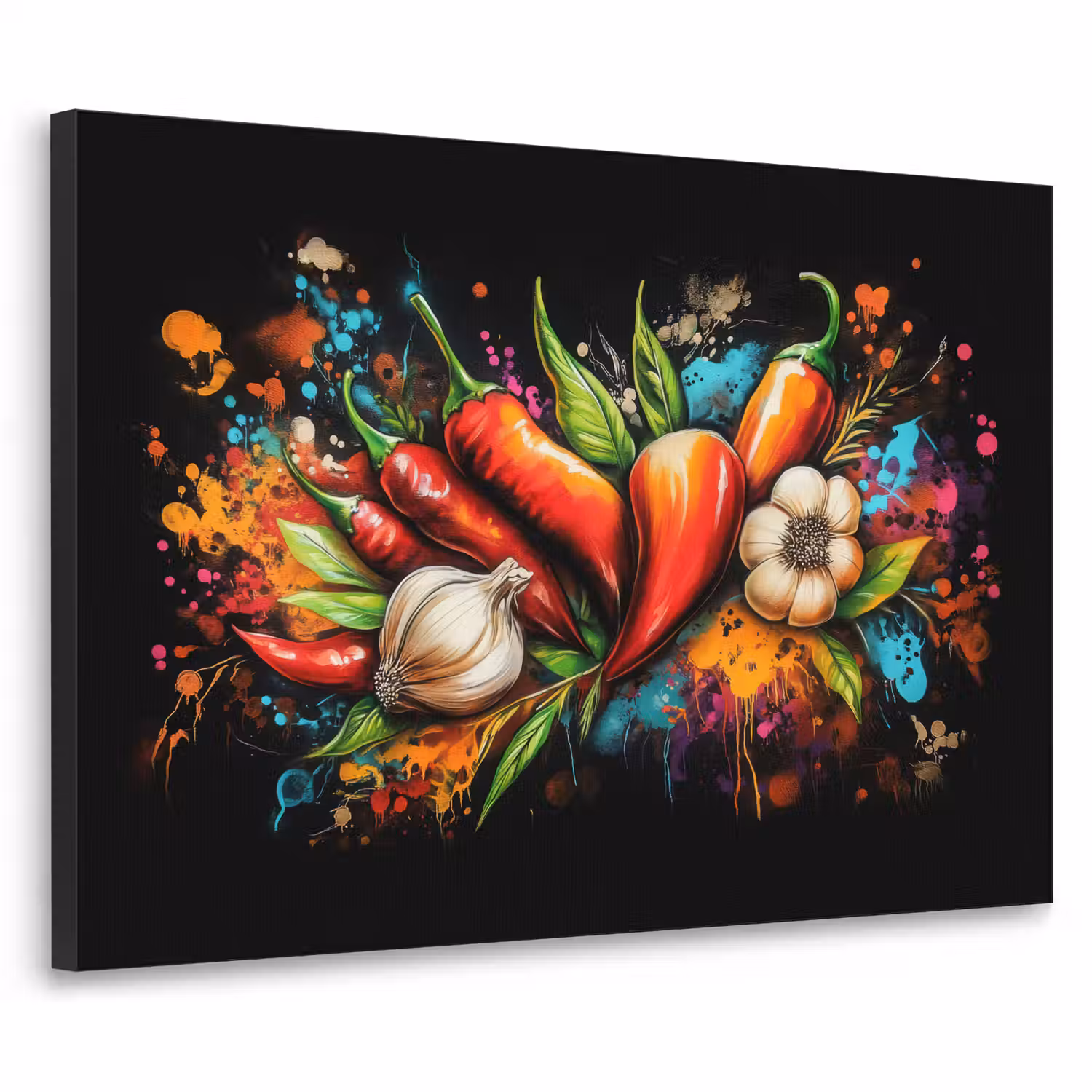 Groente - Peper - Knoflook - Graffiti - Verf - Kleurrijk Textielframe - compleet frame klein -3d