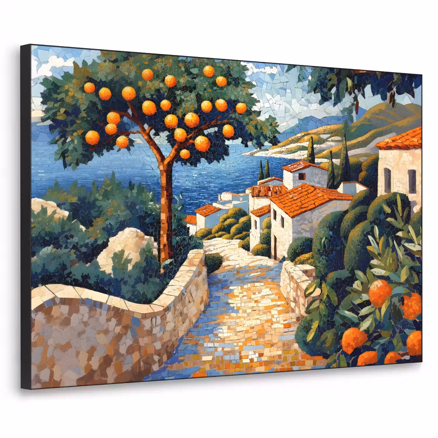Huizen - Mozaïek - Sinaasappelbomen - Zee Textielframe - compleet frame klein -3d