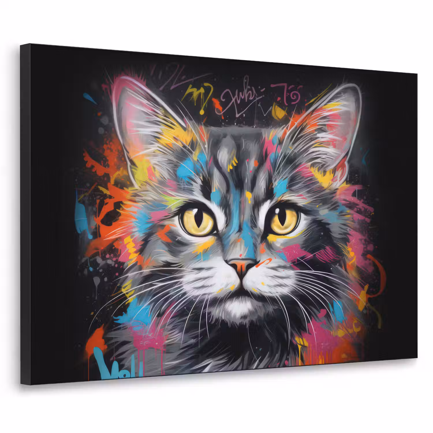 Kat - Graffiti - Dieren - Kleuren - Grijs Textielframe zwart klein -3d