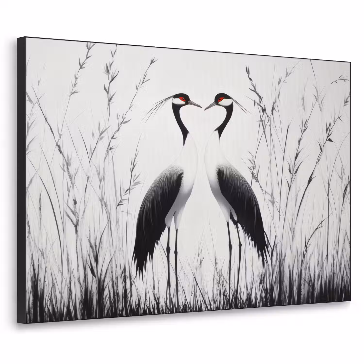 Kraanvogels - Gras - Hartvorm - Zwart Textielframe - compleet frame klein -3d