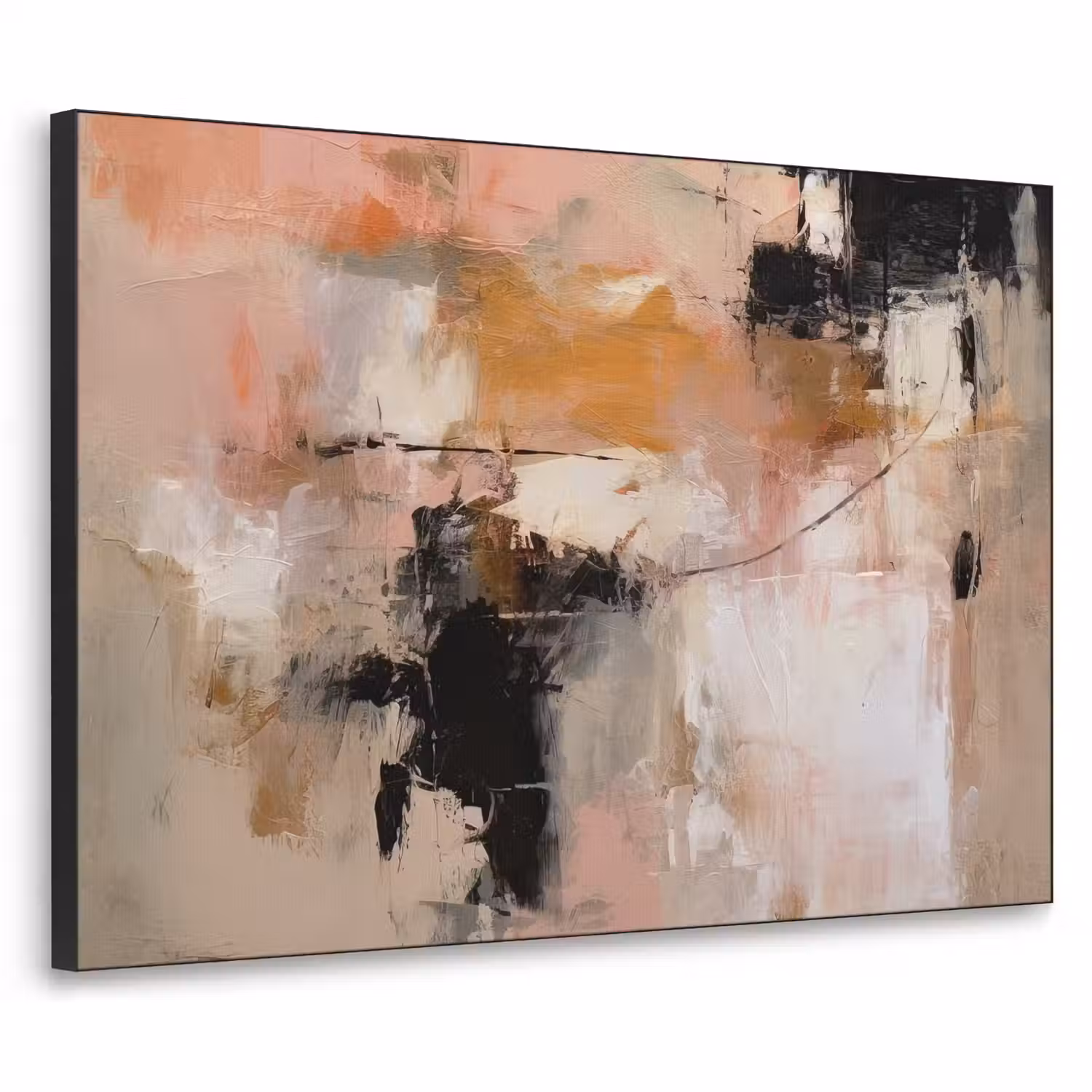 Kunst - Abstract - Beige - Verf Textielframe zwart klein -3d