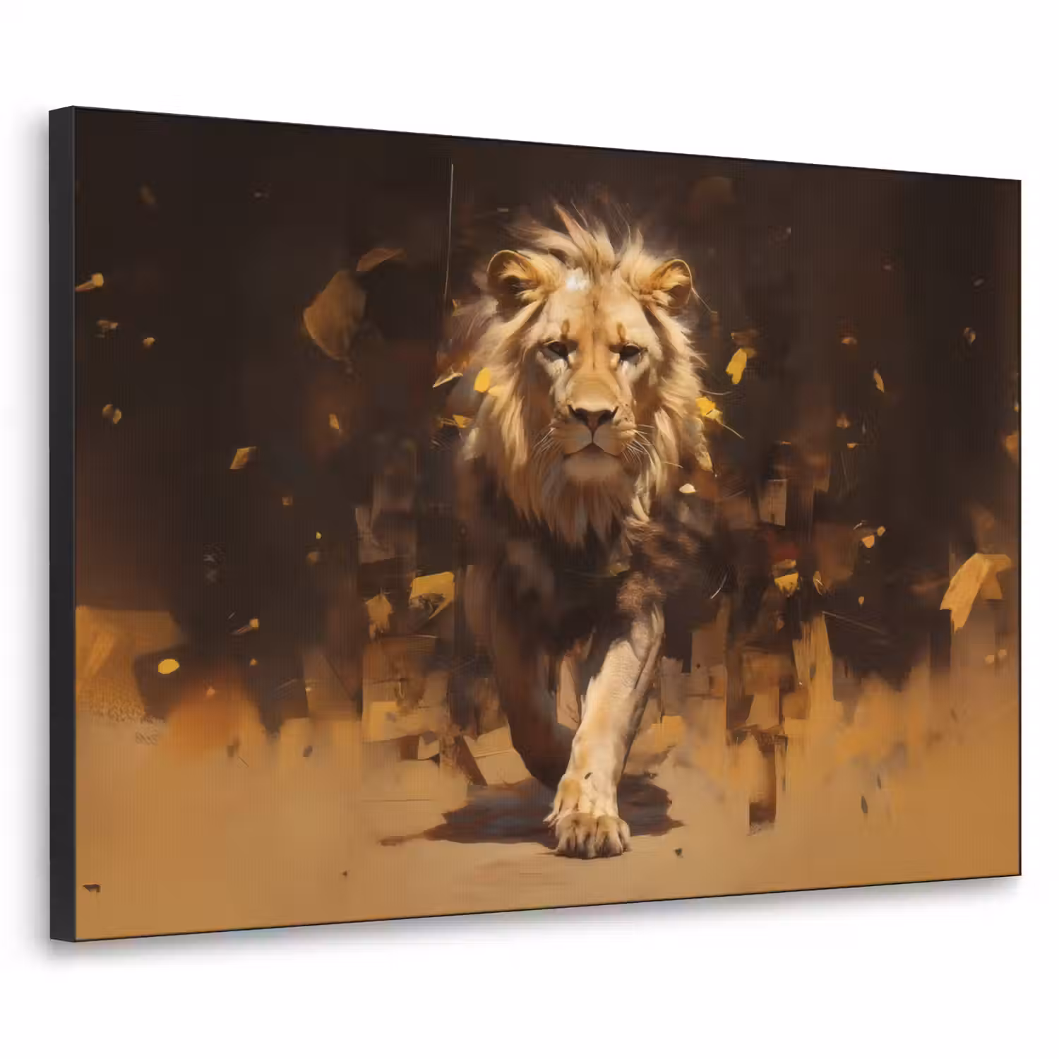 Leeuw - Geschilderd - Abstract - Goud Textielframe - compleet frame klein -3d