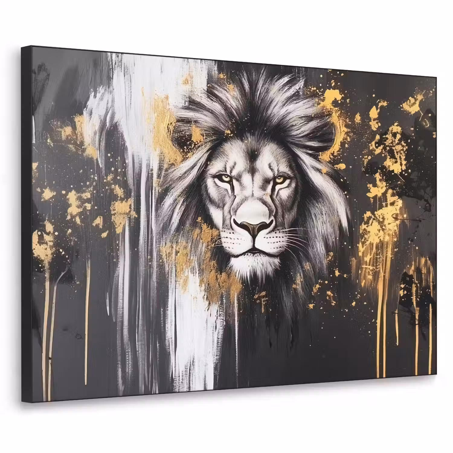 Leeuw - Portret - Verfspatten - Grijs Textielframe - compleet frame klein -3d