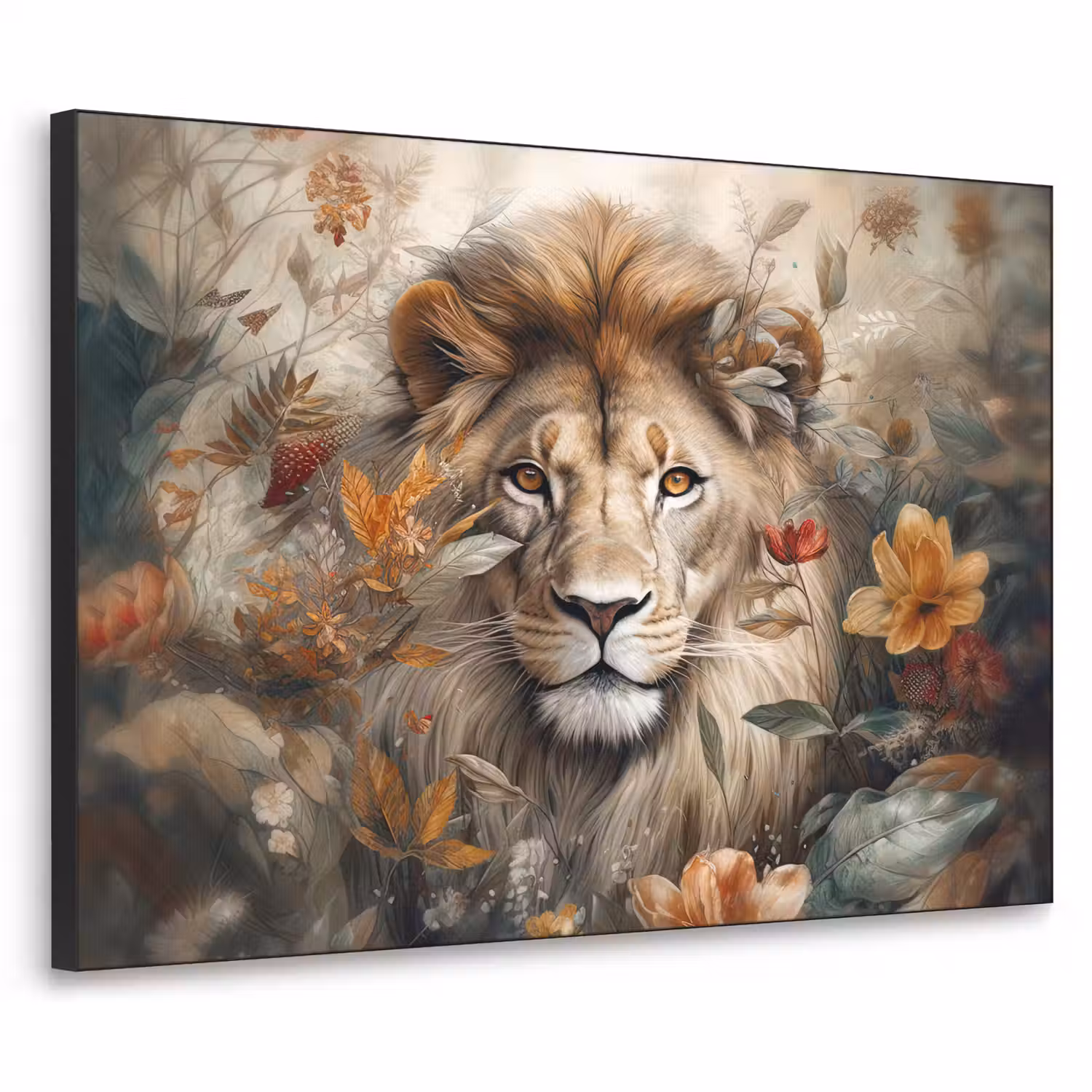 Leeuw - Wilde dieren - Planten - Natuur - Bloemen Textielframe zwart klein -3d