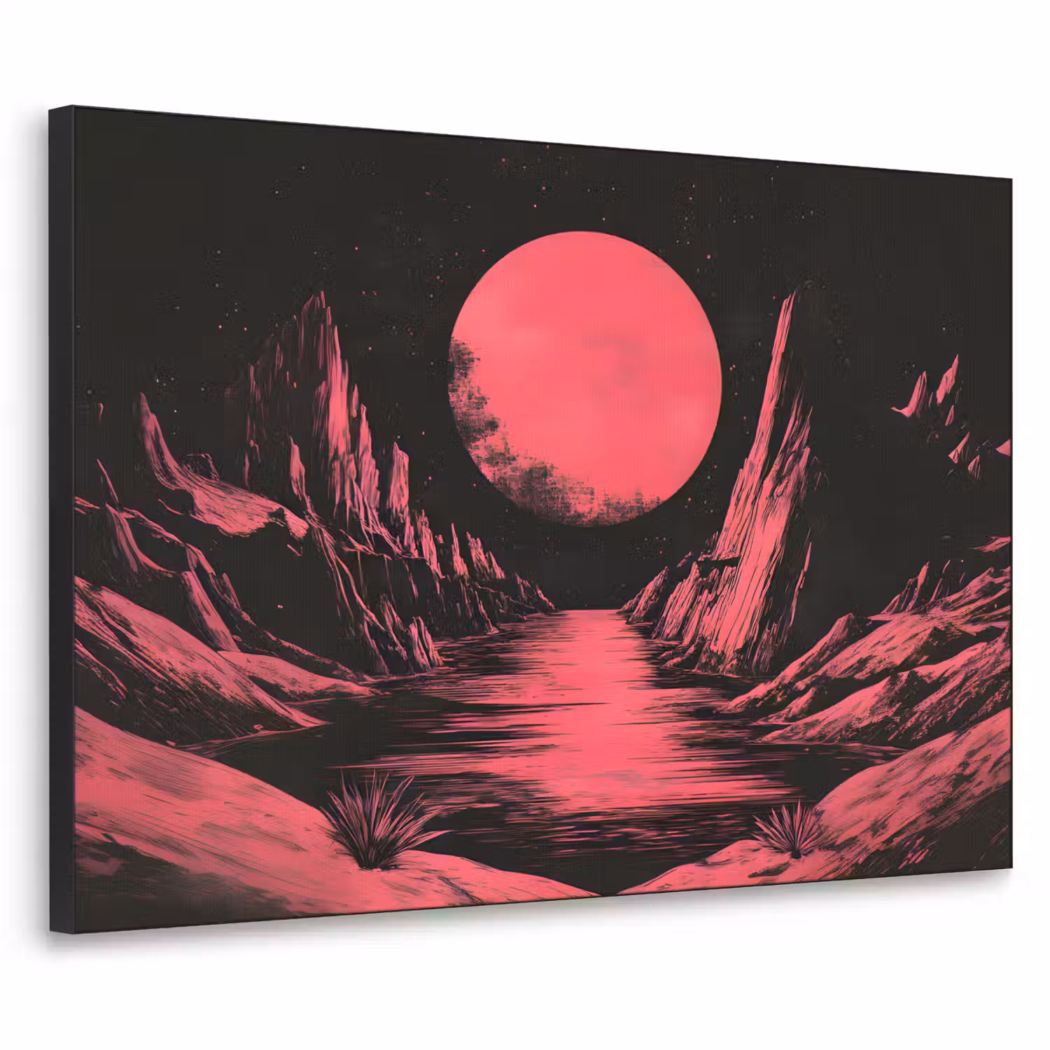 Maan - Felroze - Bergen - Rivier Textielframe - compleet frame klein -3d