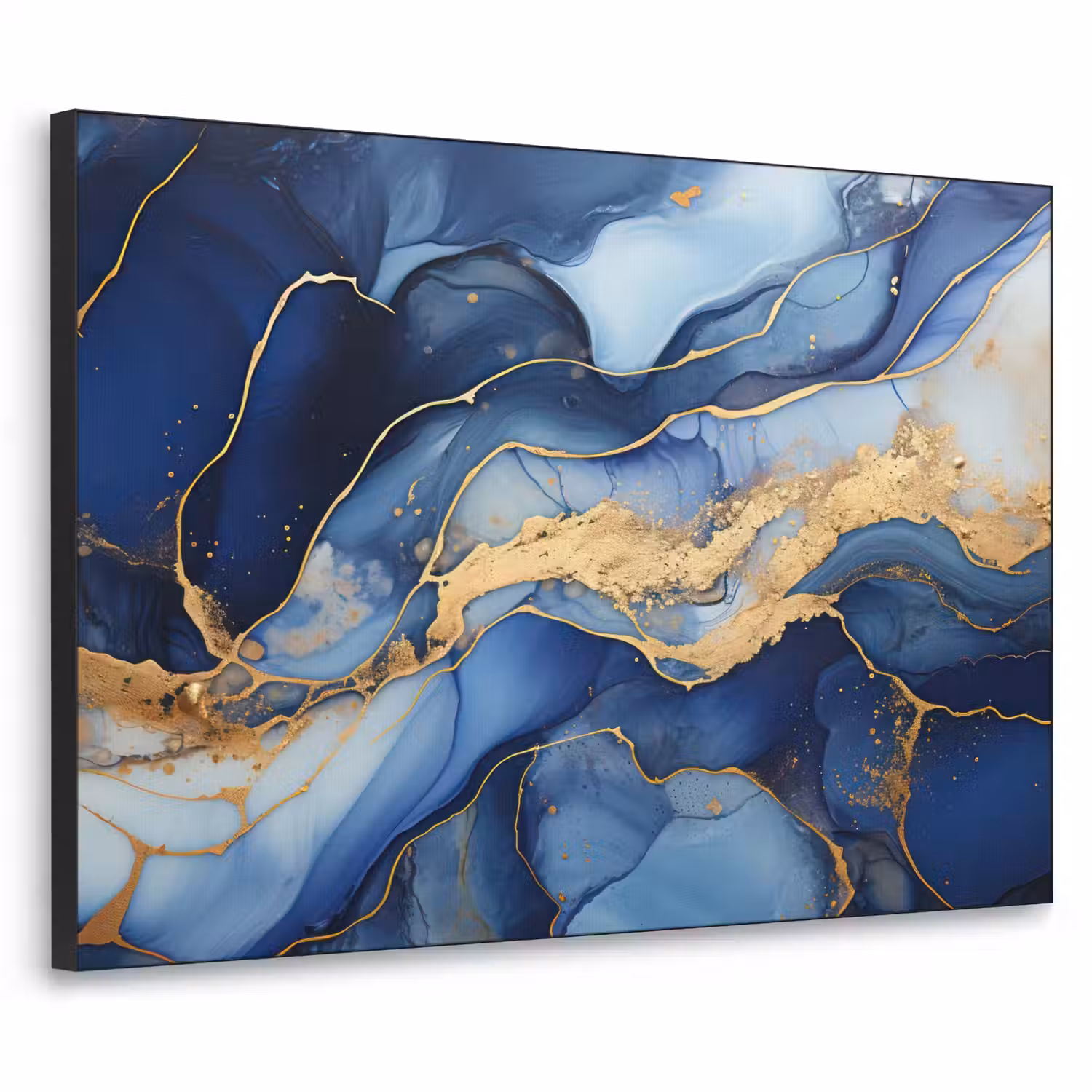 Marmer - Blauw - Goud - Abstract Textielframe zwart klein -3d