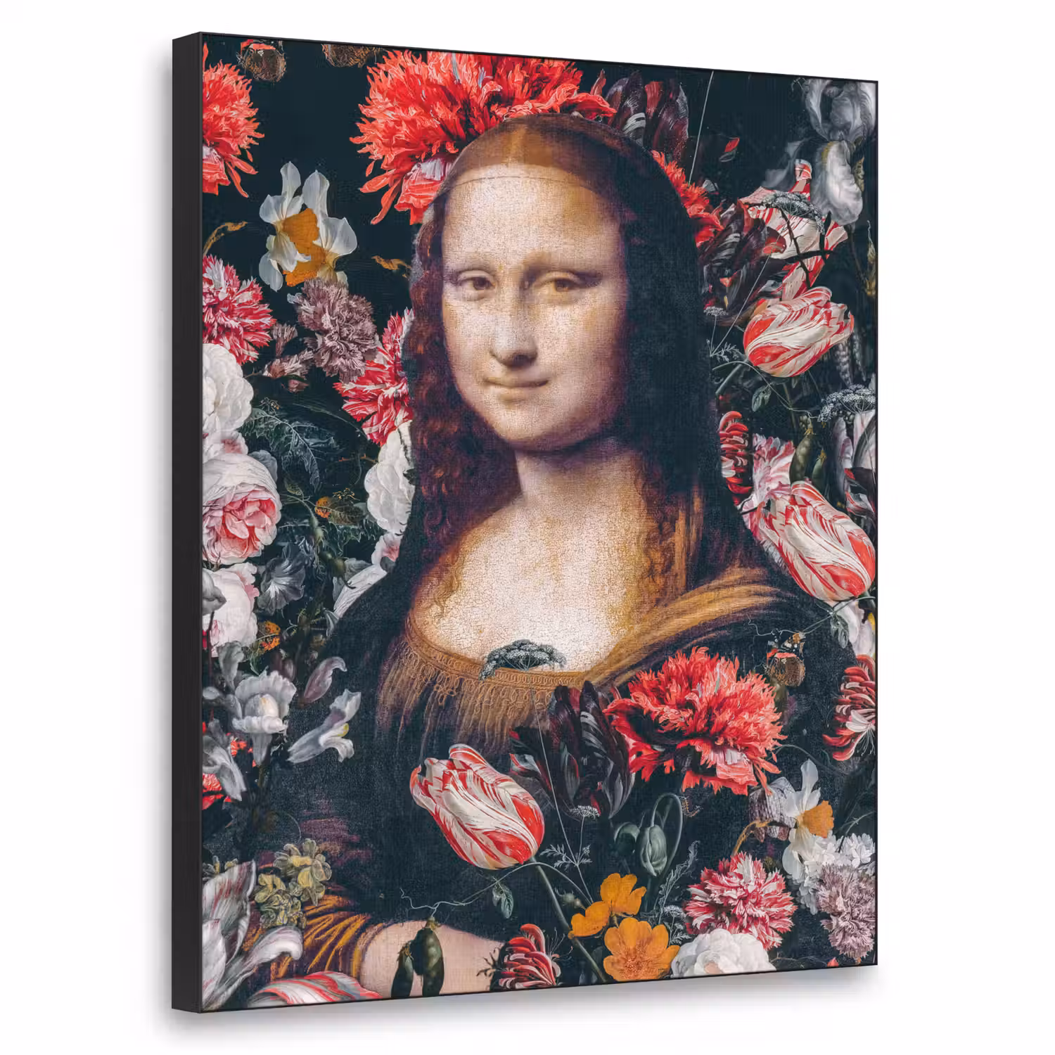 Mona Lisa - Leonardo da Vinci - Bloemen - Roze Textielframe zwart klein -3d