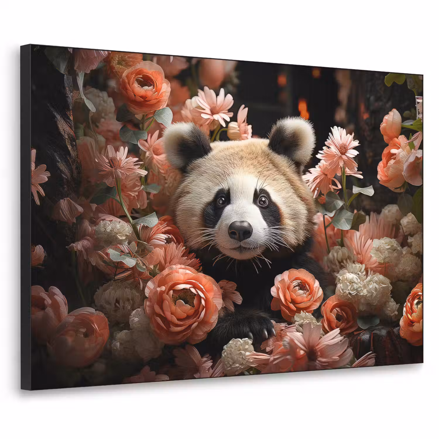 Panda - Dier - Bloemen - Natuur - Botanisch Textielframe zwart klein -3d
