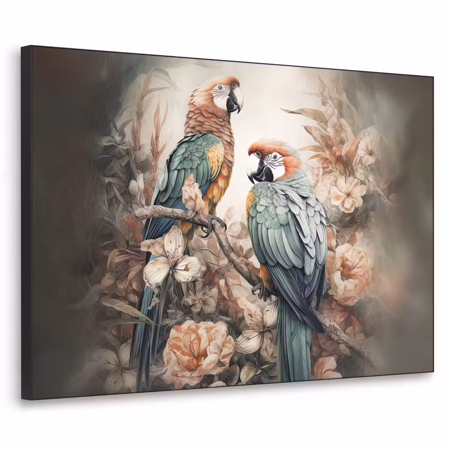 Papegaaien - Vogels - Natuur - Bloemen Textielframe zwart klein -3d