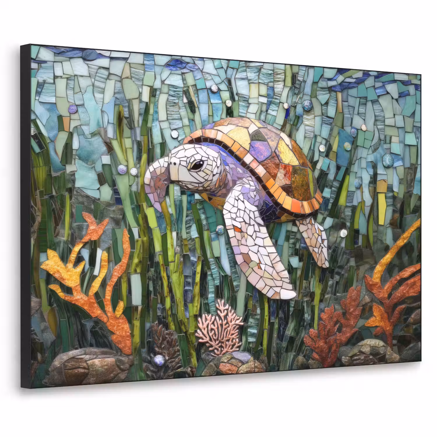 Schildpad - Zeewier - Mozaïek Textielframe - compleet frame klein -3d