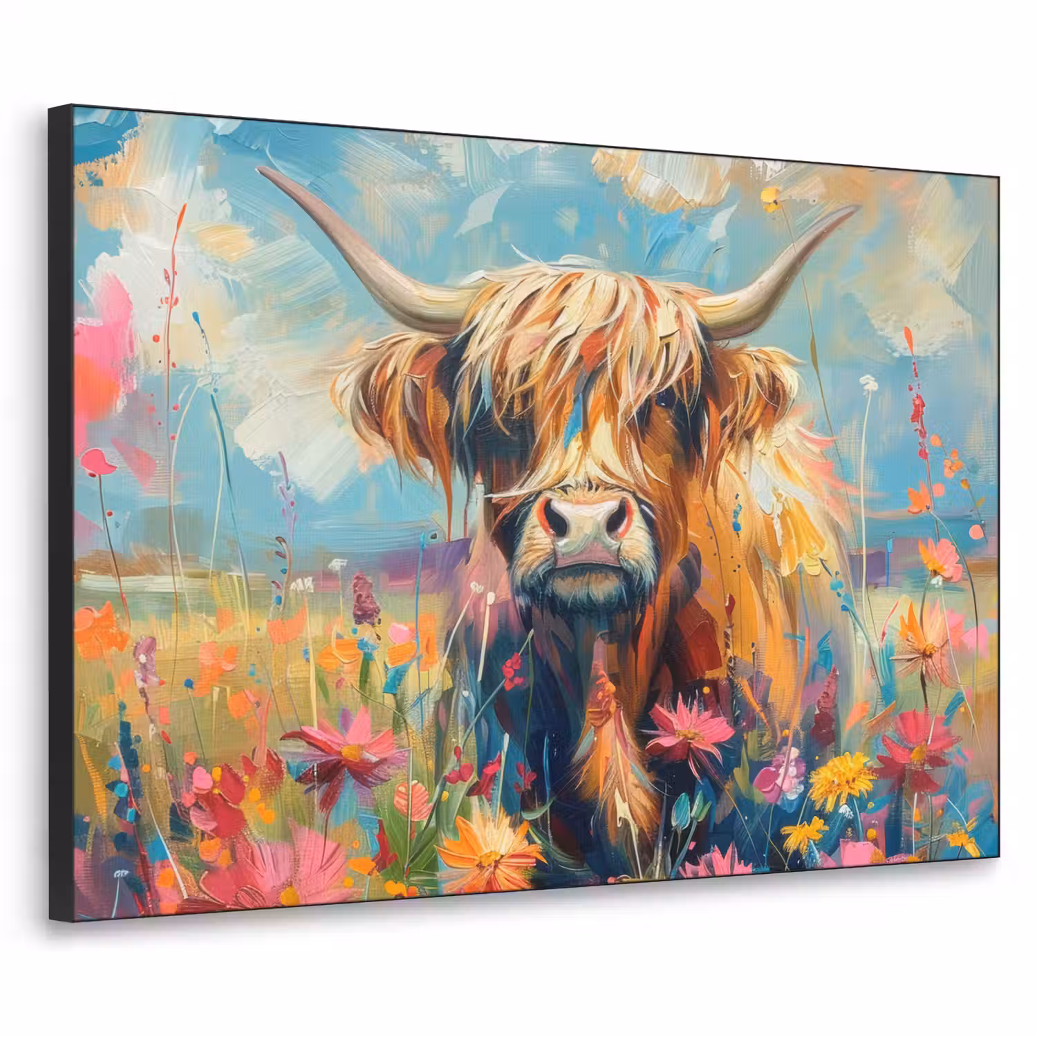 Schotse hooglander - Natuur - Kleurrijk - Bloemen Textielframe zwart klein -3d