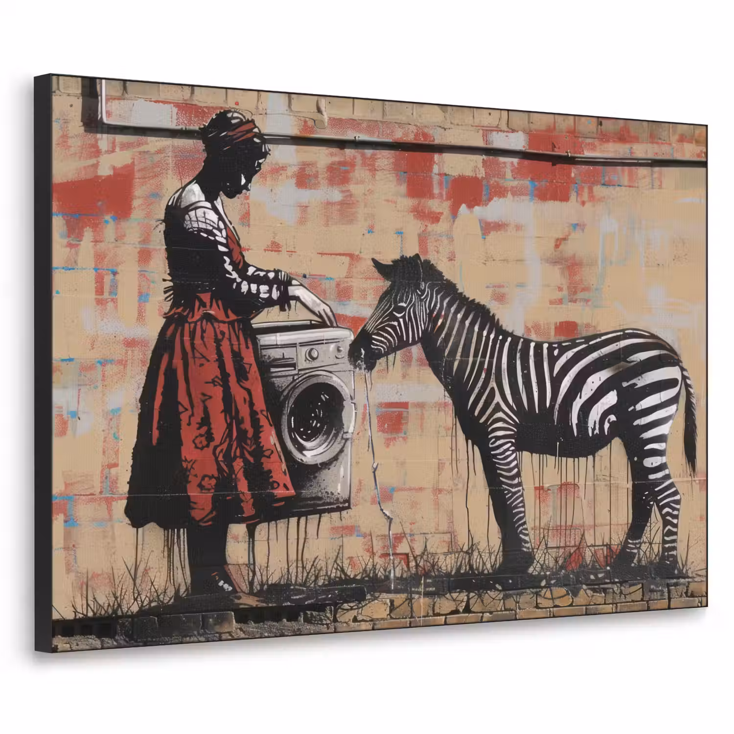 Street art - Zebra - Vrouw - Dieren - Graffiti - Banksy Style Textielframe - compleet frame klein -3d