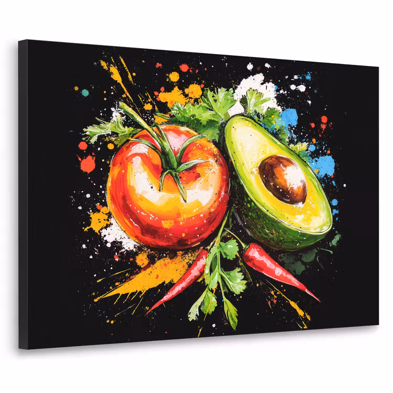 Tomaat - Avocado - Peper - Graffiti - Verf - Modern Textielframe - compleet frame klein -3d