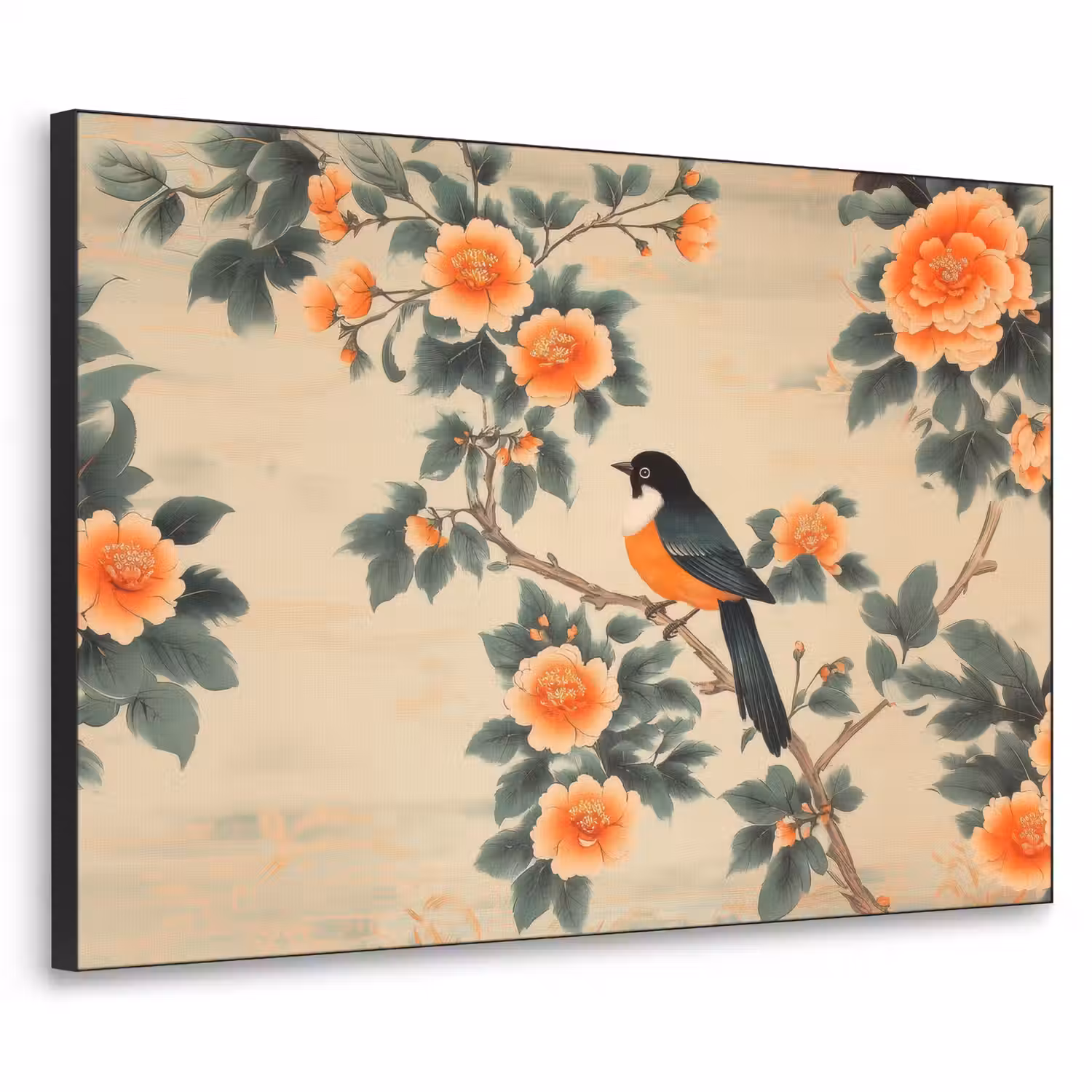Vogel - Tak - Bloemen - Oranje Textielframe - compleet frame klein -3d