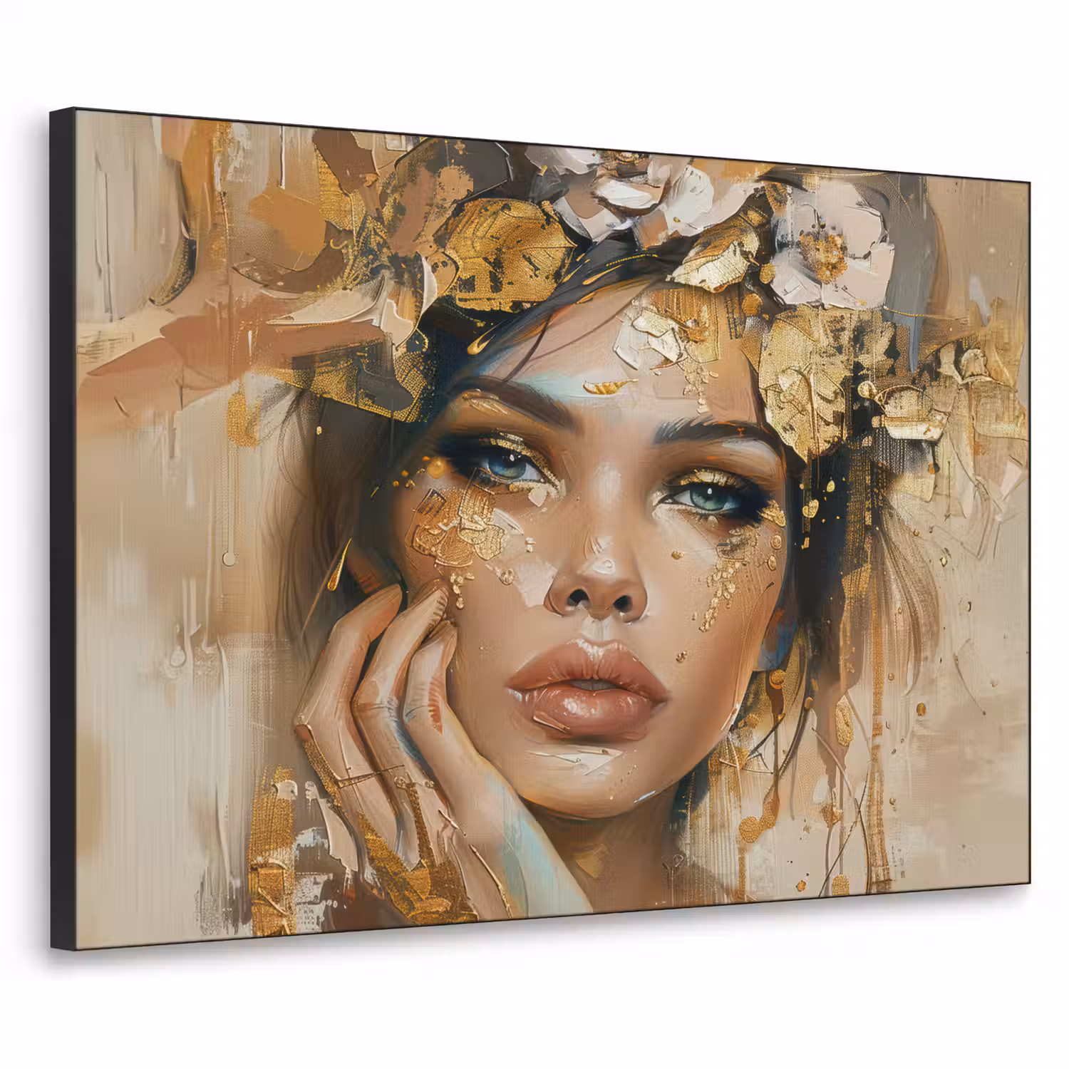 Vrouw - Bloemen - Goud - Portret Textielframe - compleet frame klein -3d