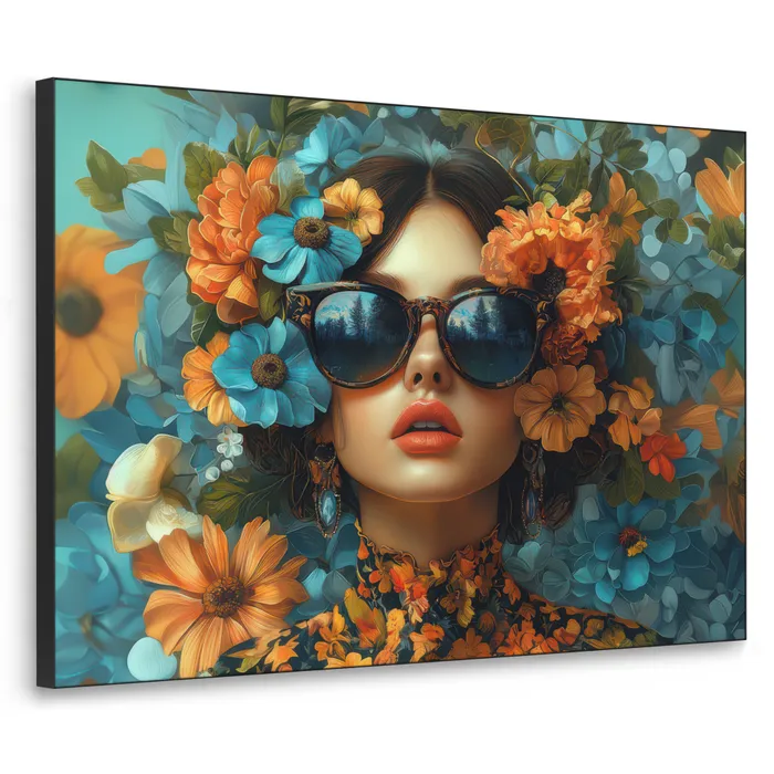 Vrouw - Bloemen - Oranje - Blauw - Modern Textielframe zwart klein -3d