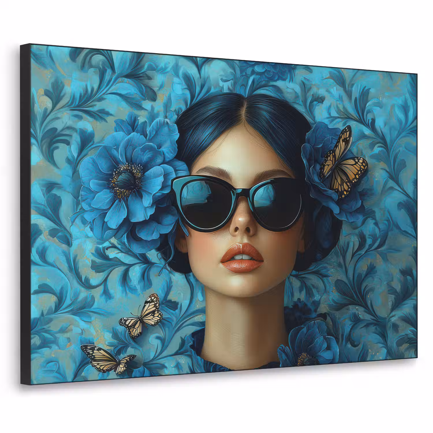 Vrouw - Bloemen - Vlinders - Blauw - Abstract Textielframe zwart klein -3d