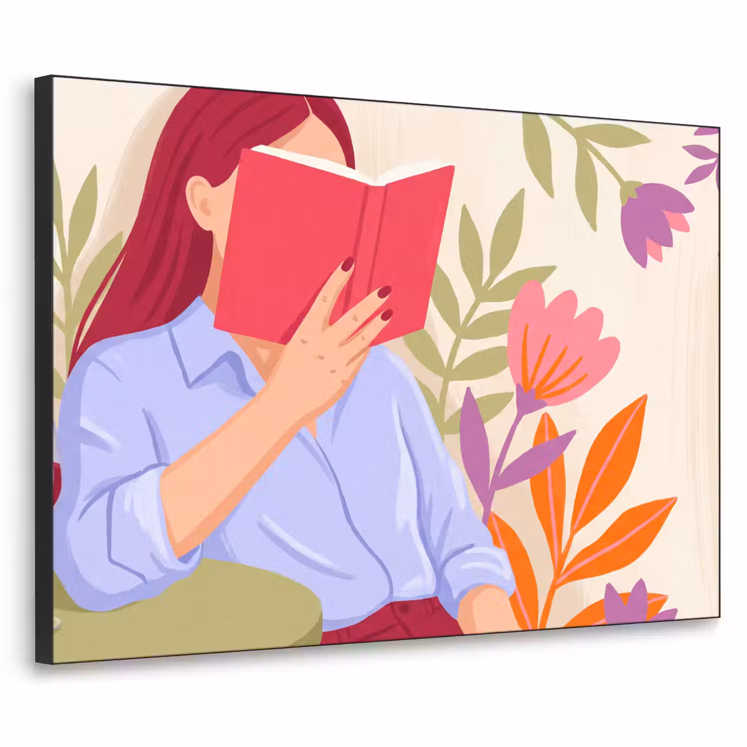 Vrouw - Lezen - Thuis - Modern - Bloemen Textielframe zwart klein -3d
