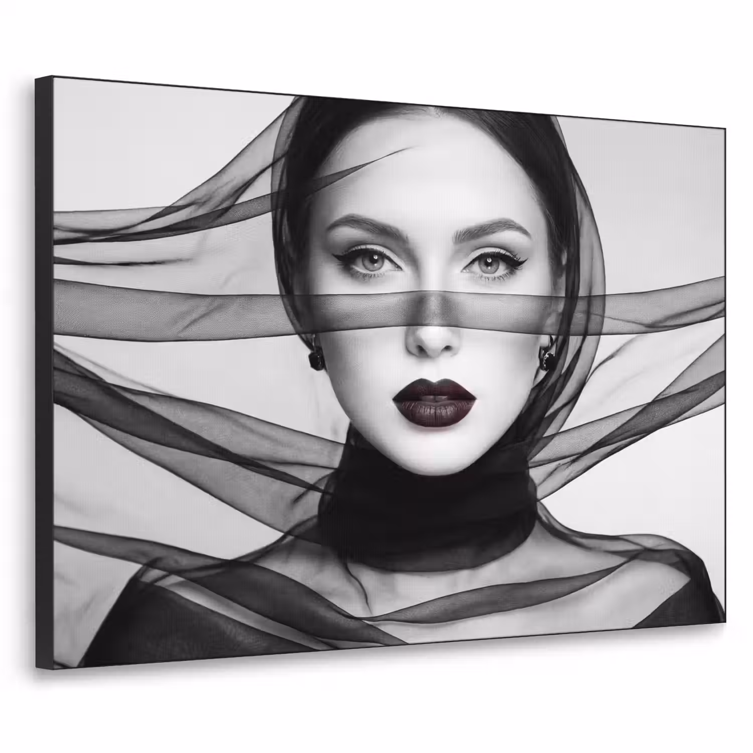 Vrouw - Sluier - Portret - Zwart - Wit - Elegant Textielframe zwart klein -3d