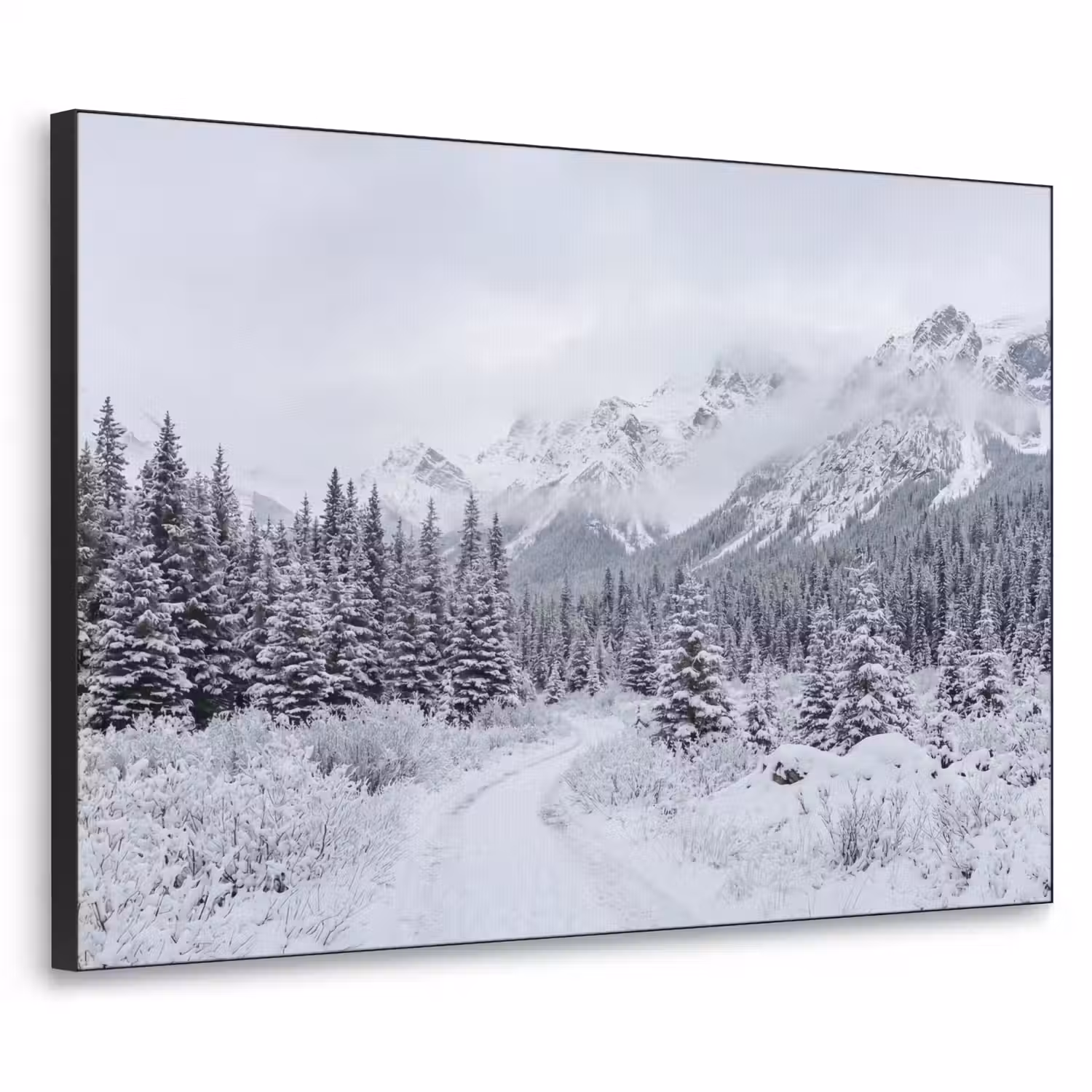 Weg - Bergen - Sneeuw - Naaldbos - Avontuurlijk Textielframe zwart klein -3d