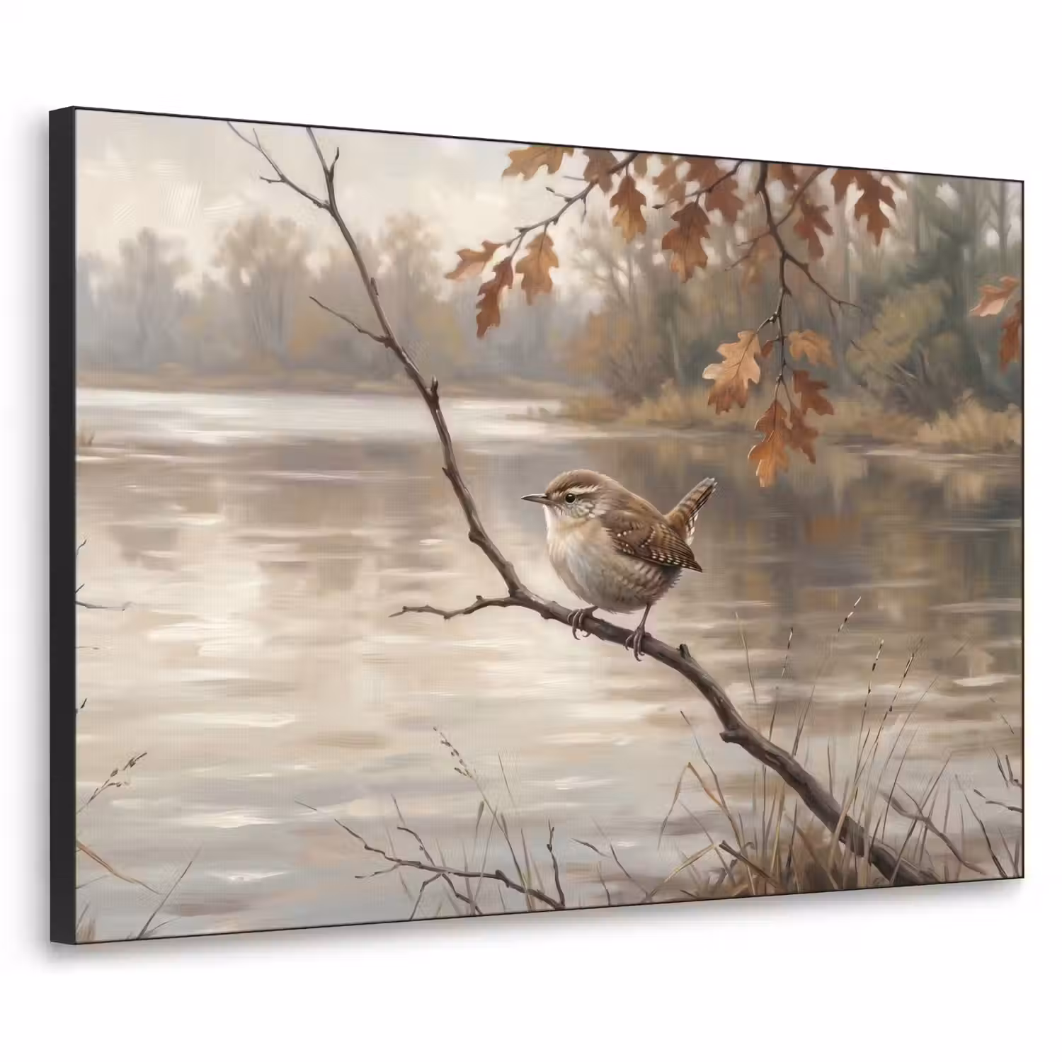 Winterkoninkje - Tak - Rivier - Natuur - Sfeervol Textielframe zwart klein -3d