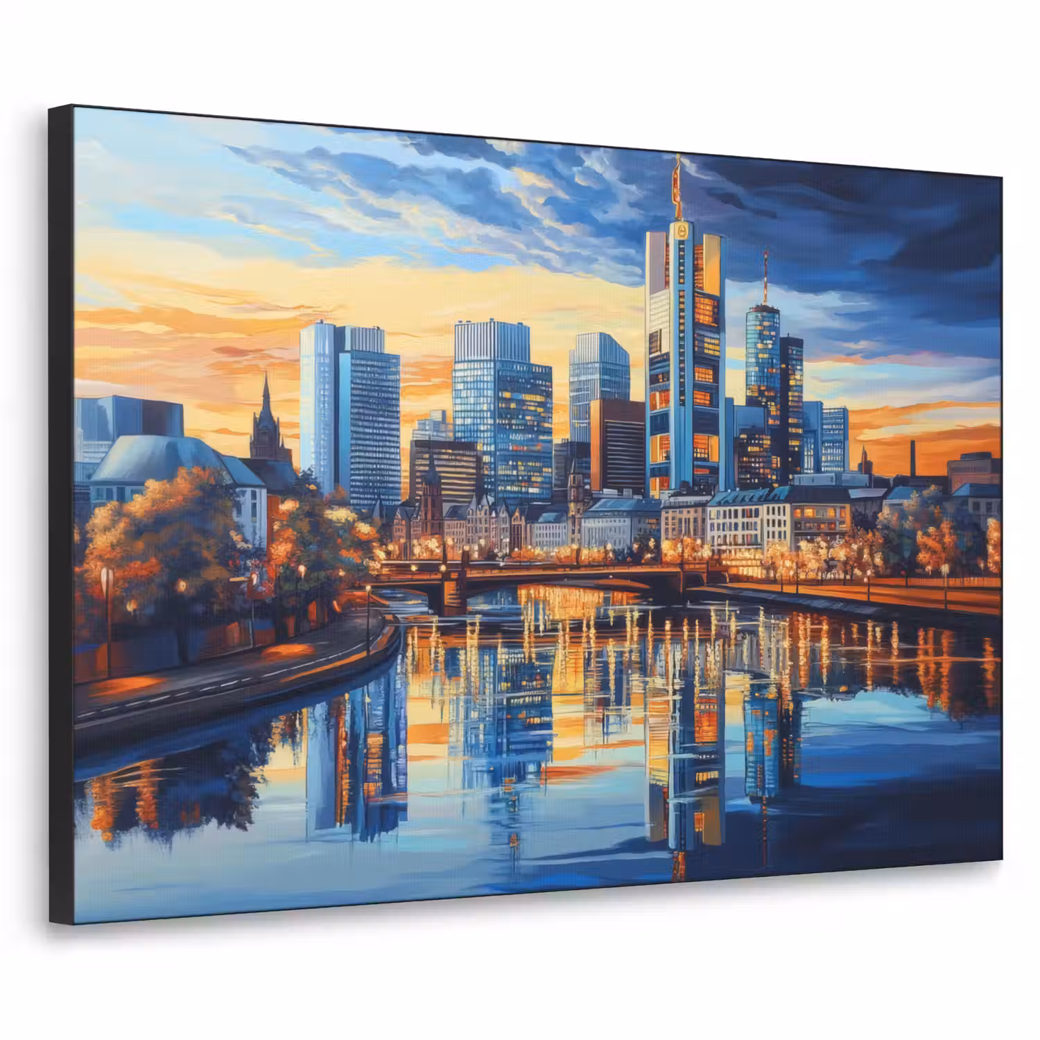 Zonsondergang Frankfurt - Stad - Skyline - Water Textielframe - compleet frame klein -3d