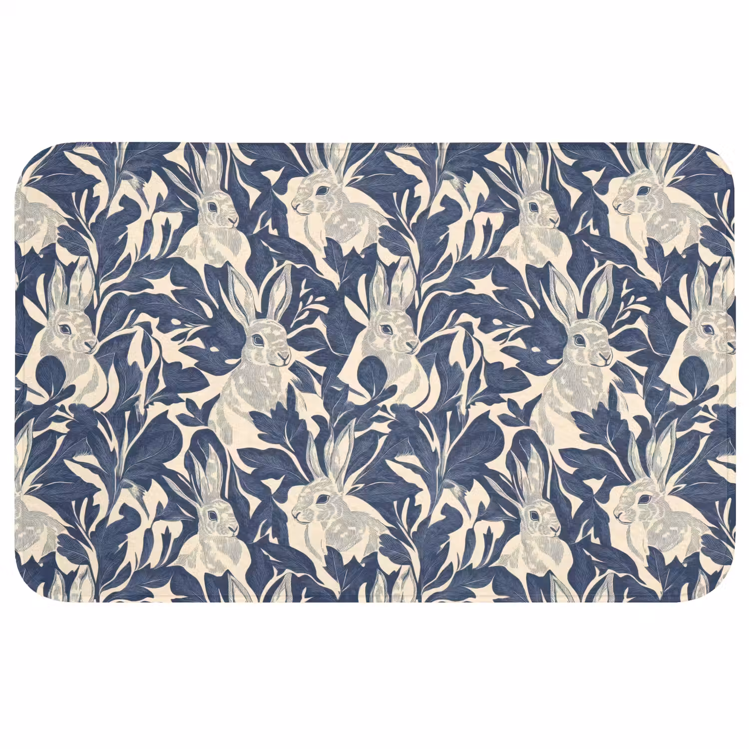 Hazen - Bladeren - Patroon - Blauw - Beige Badmat klein 997 -3d