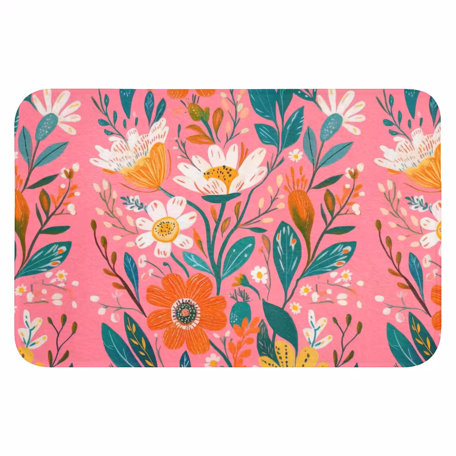 Roze - Bloemen - Wit - Oranje Badmat klein -3d