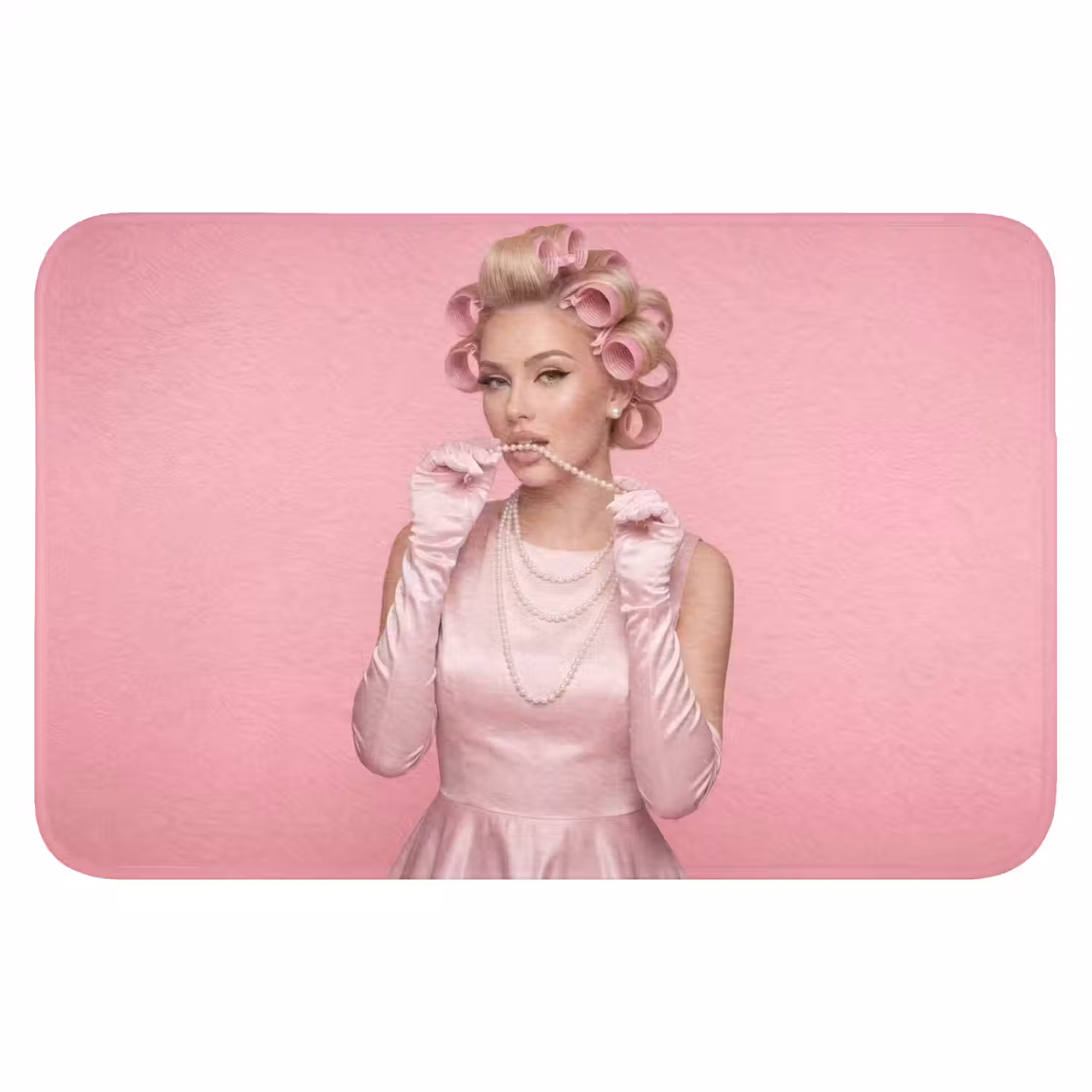 Vrouw - Roze - Parelketting - Krulspelden Badmat klein -3d