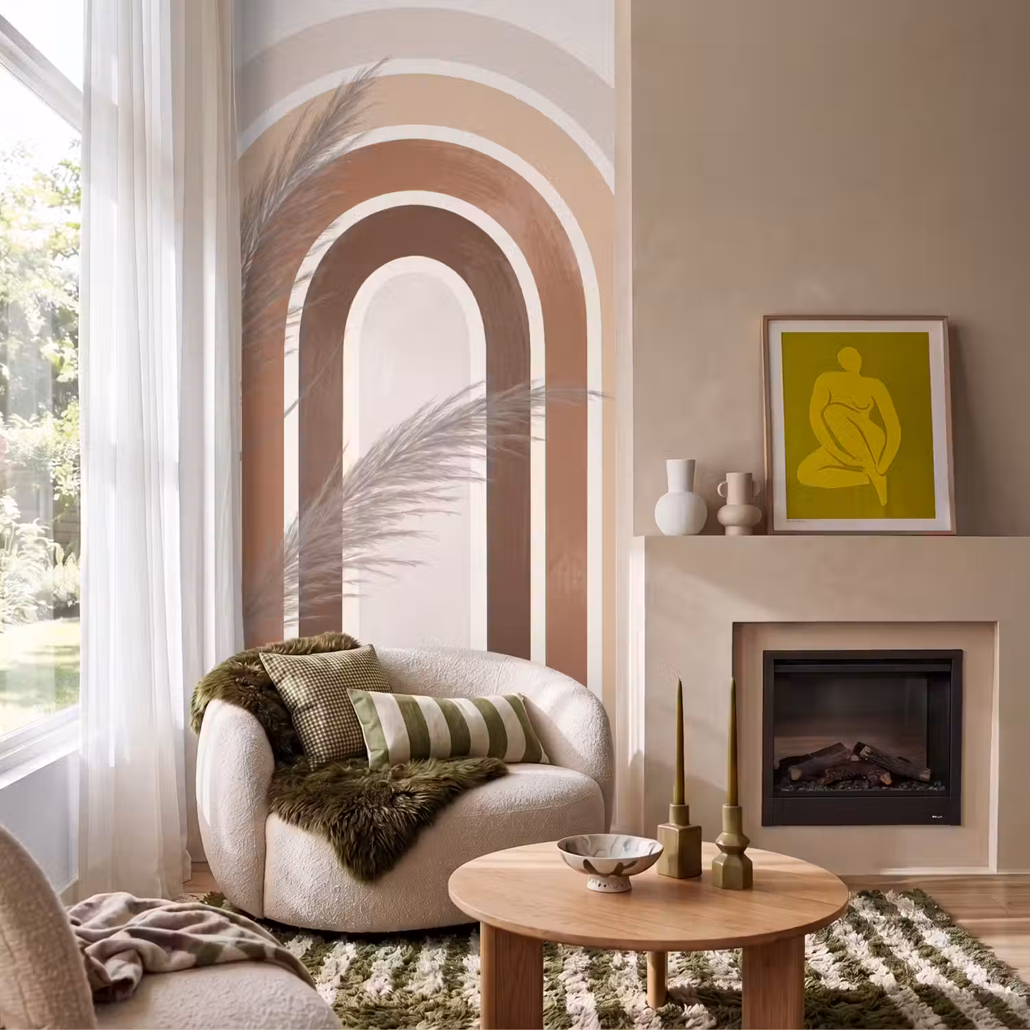 Abstract - Bogen - Plant - Boho - Beige Behang Vlies klein -sfeer2
