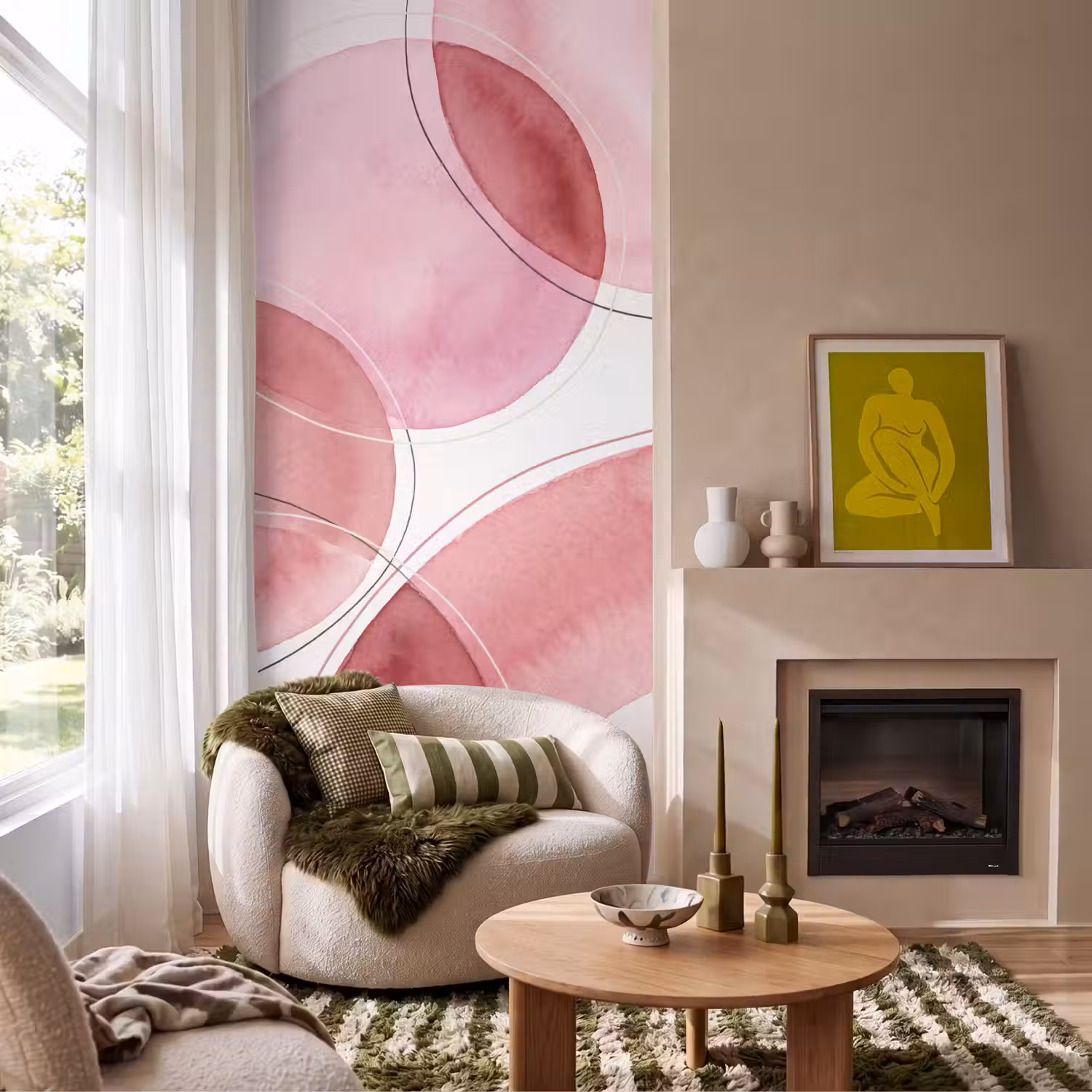 Abstract - Cirkels - Modern - Roze - Kunst Behang Vlies klein -sfeer2
