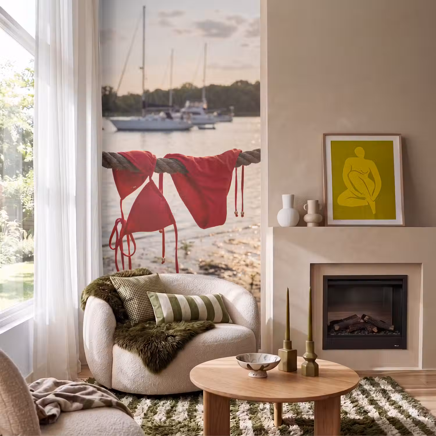 Badkleding - Rood - Zomer - Water - Zonsondergang Behang Vlies klein -sfeer2