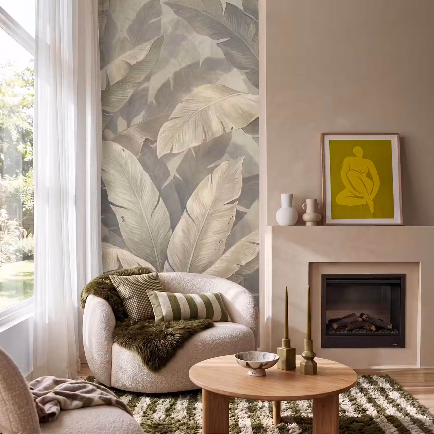 Bladeren - Tropisch - Natuur - Modern - Beige Behang Vlies klein -sfeer2