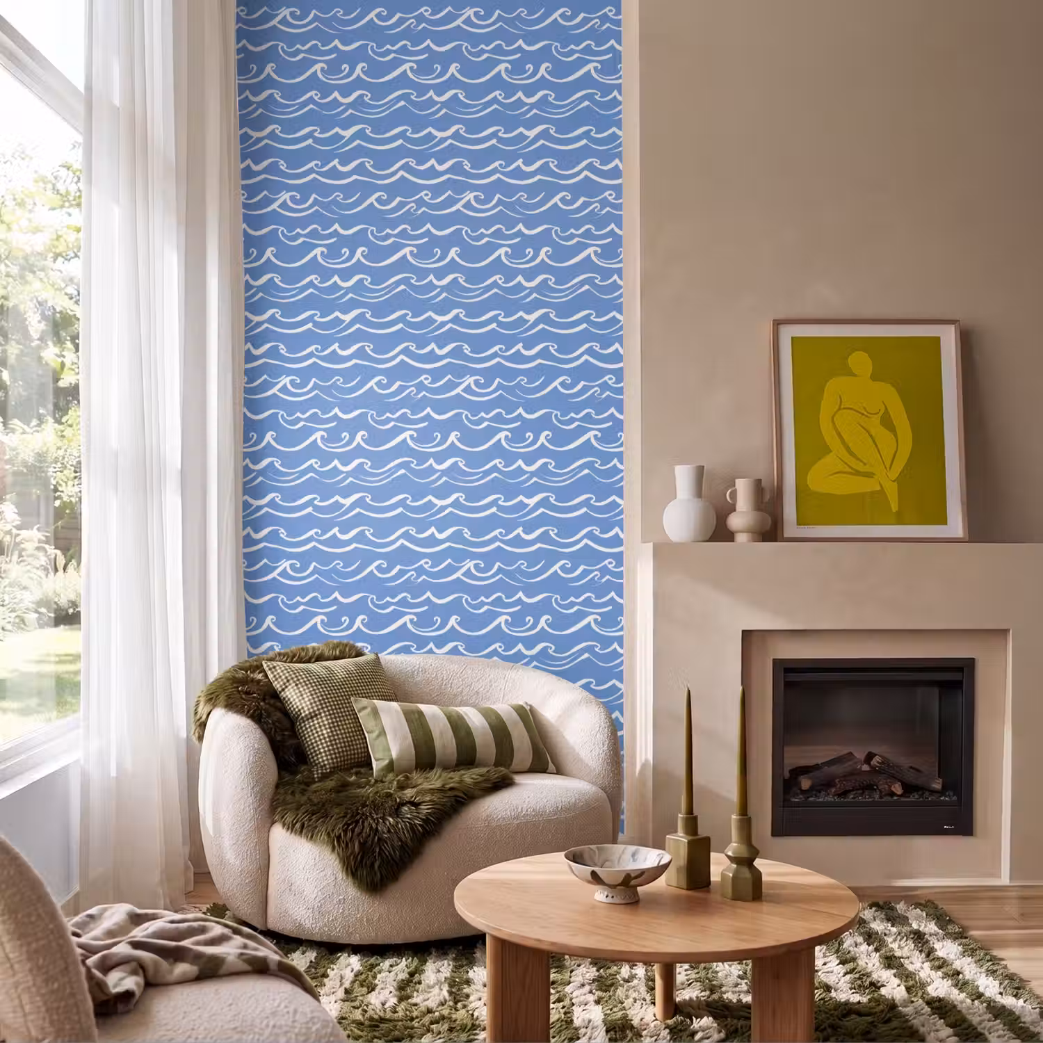 Blauw - Wit - Simpel - Getekend - Golven Behang Vlies klein 1076 -sfeer2