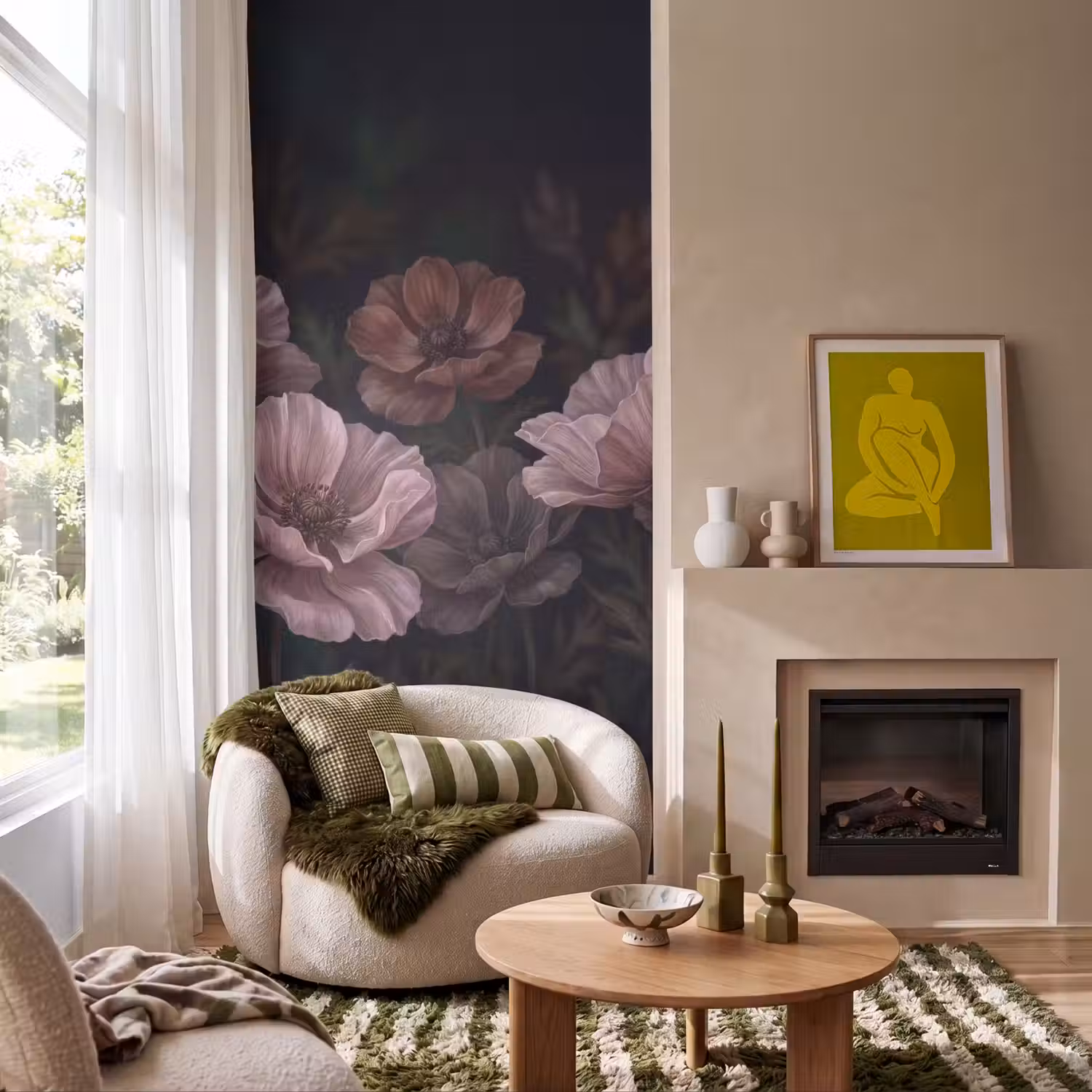 Bloemen - Natuur - Roze - Donker - Modern Behang Vlies klein -sfeer2
