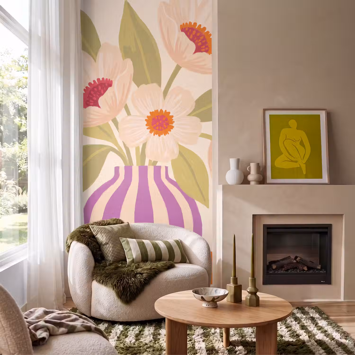 Bloemen - Vaas - Abstract - Paars - Oranje Behang Vlies klein -sfeer2
