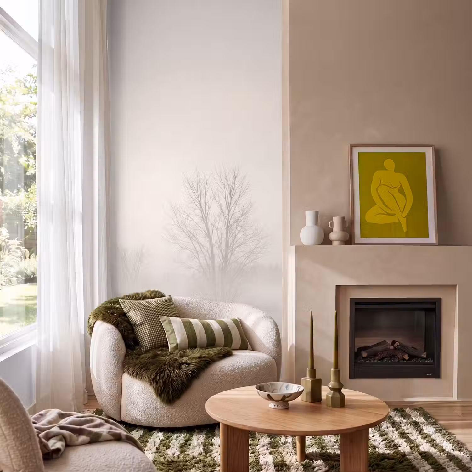 Boom - Mist - Sneeuw - Winter - Minimalistisch Behang Vlies klein -sfeer2