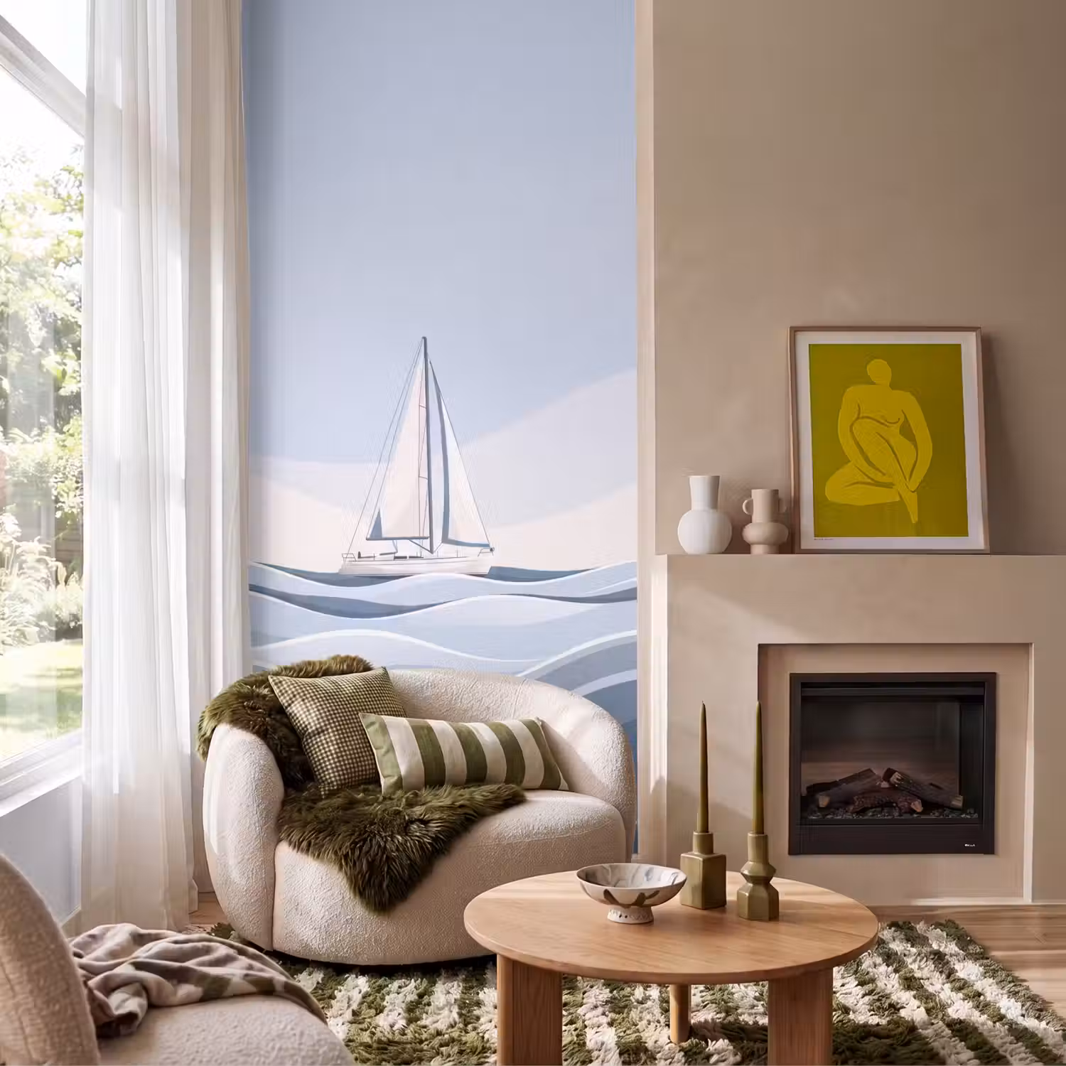 Boot - Zeil - Zee - Modern - Beige Behang Vlies klein -sfeer2