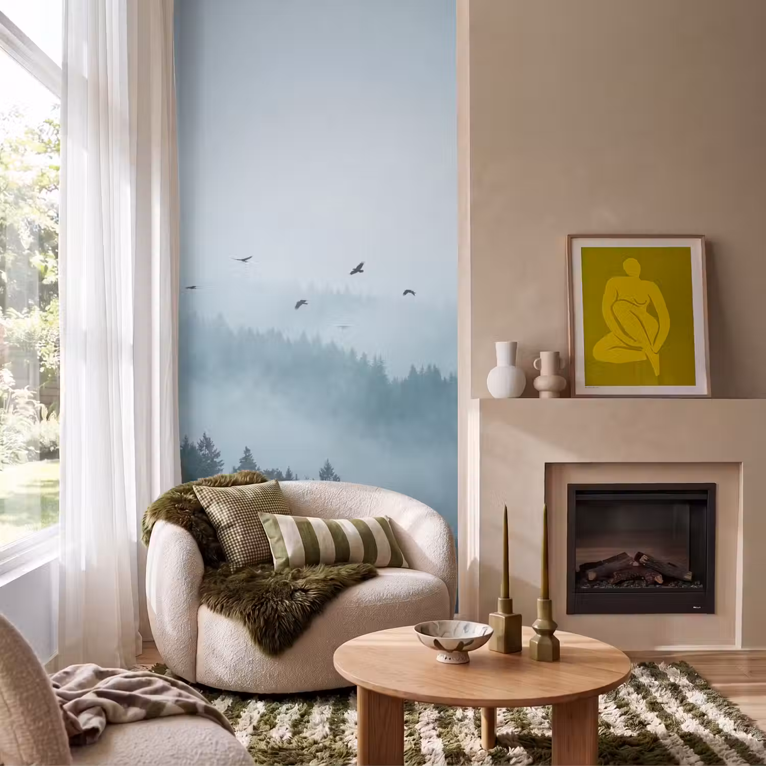 Bos - Mist - Vogels - Natuur - Groen Behang Vlies klein -sfeer2