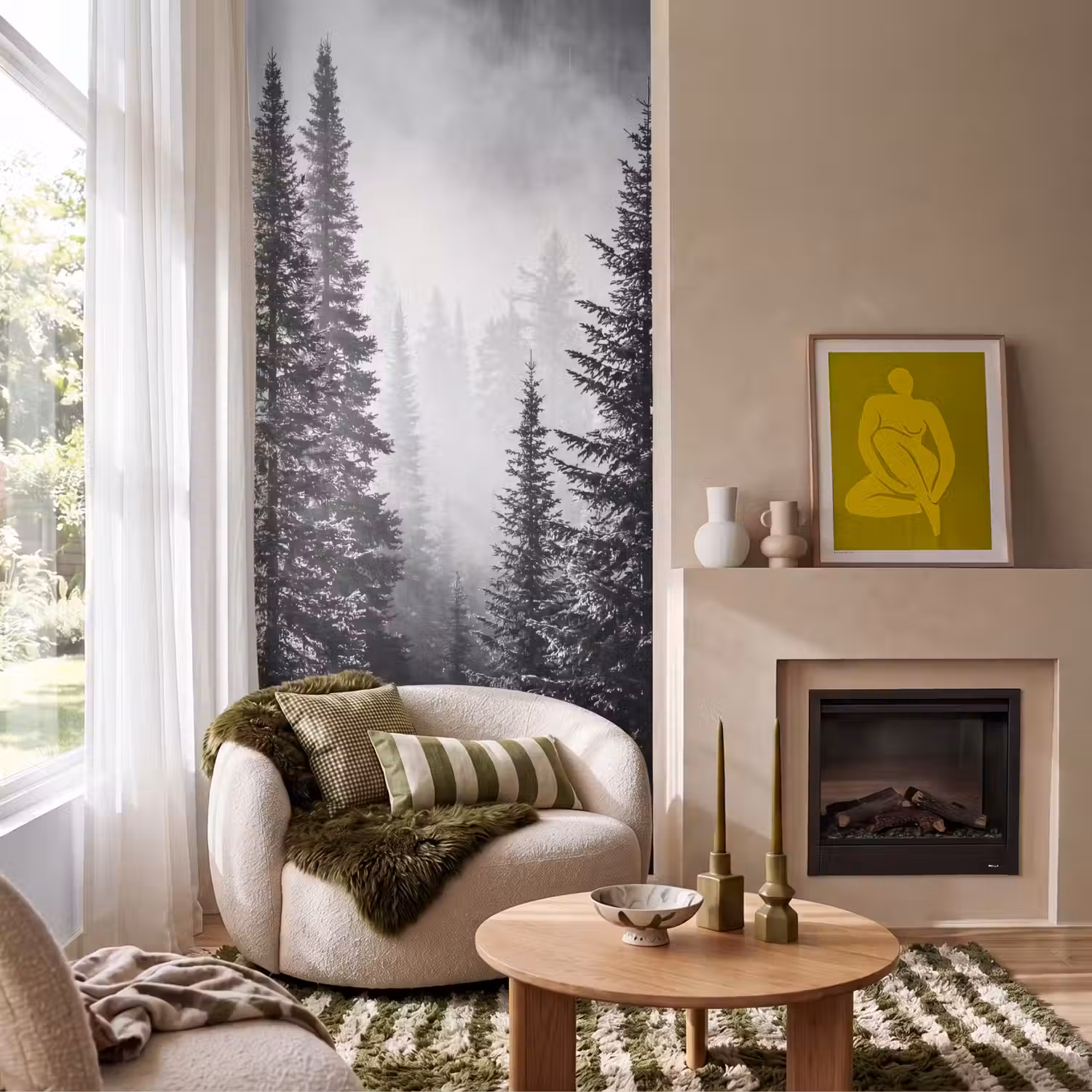 Bos - Mist - Winter - Monochroom - Natuur Behang Vlies klein -sfeer2