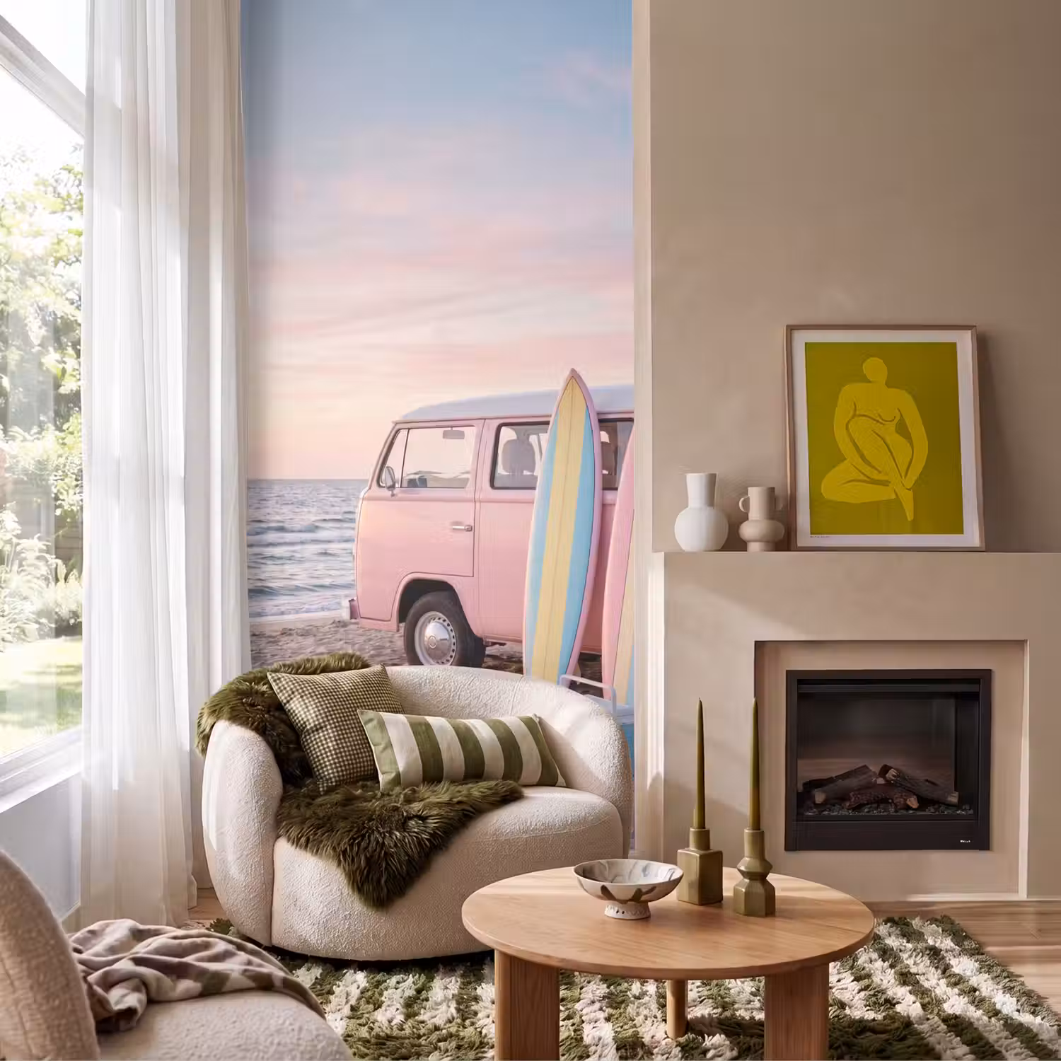 Busje - Strand - Surfplank - Zomer - Roze Behang Vlies klein -sfeer2