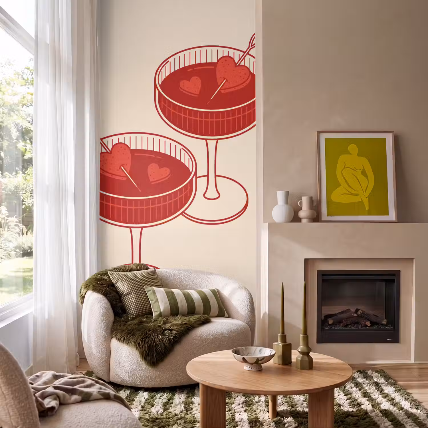 Cocktail - Hartjes - Liefde - Illustratie - Rood Behang Vlies klein -sfeer2