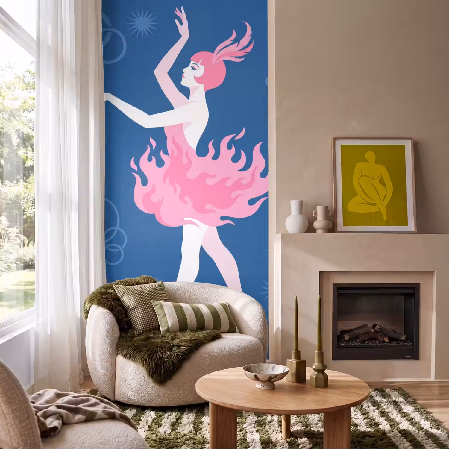 Danseres - Vlammenrok - Abstract - Roze - Blauw Behang Vlies klein -sfeer2