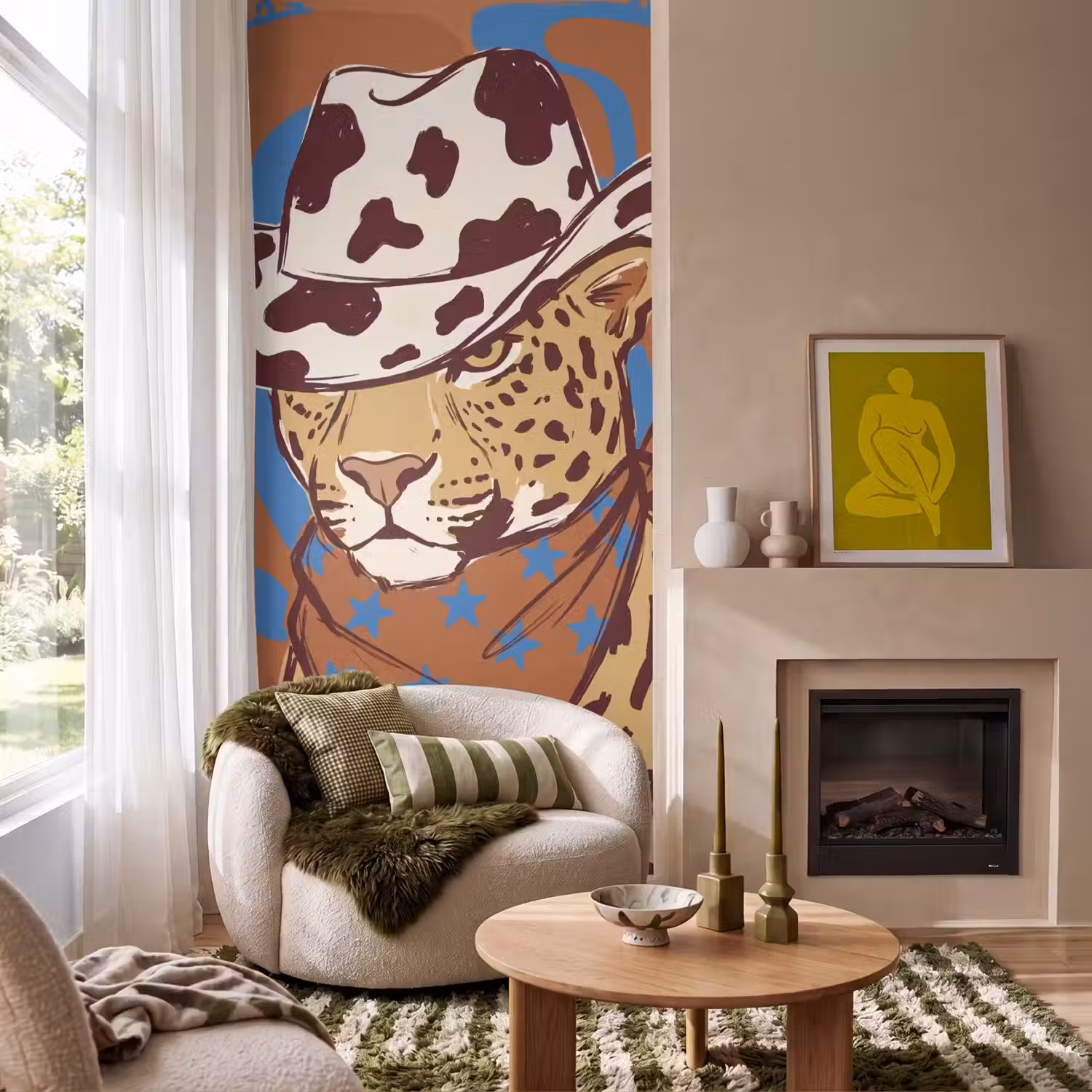 Dieren - Cowboyhoed - Modern - Illustratie - Bruin Behang Vlies klein -sfeer2