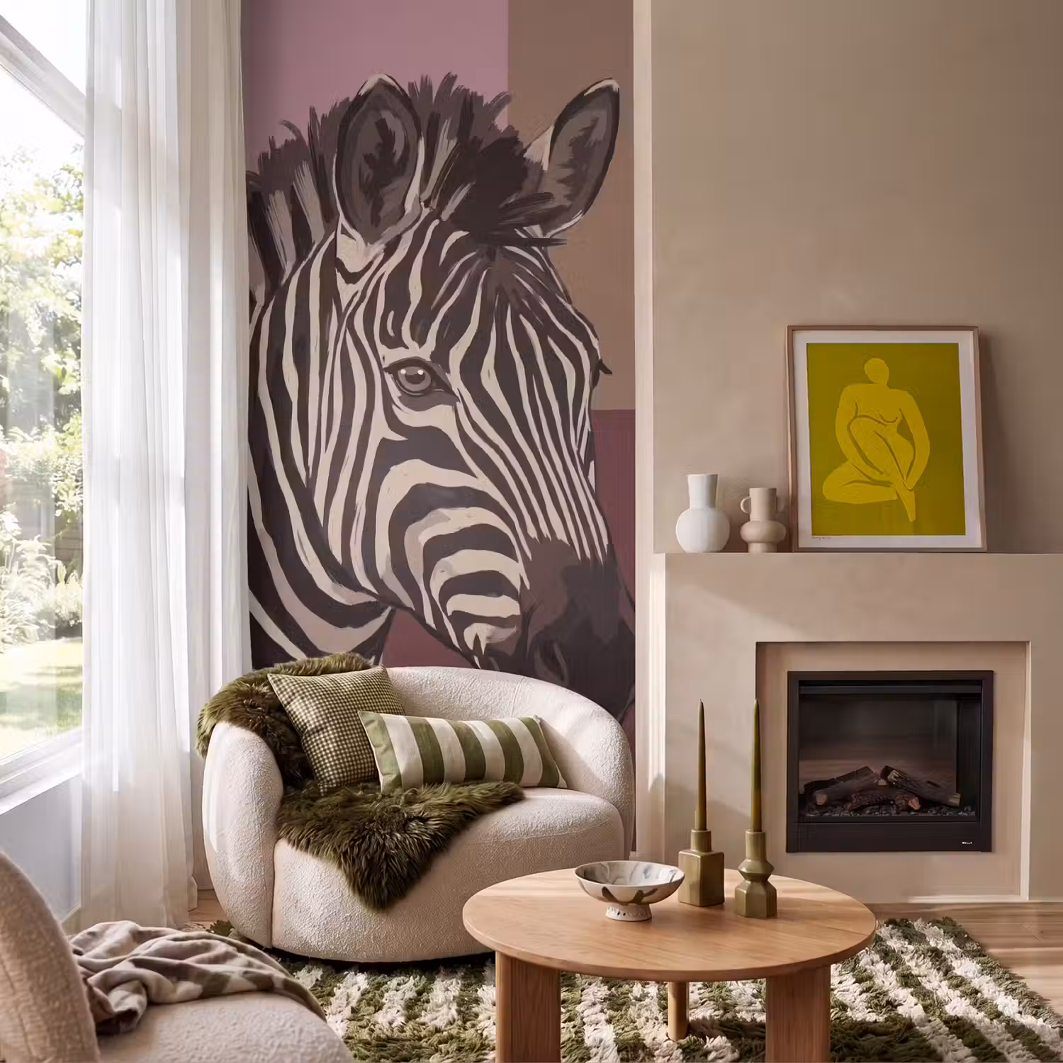 Dieren - Zebrahoofd - Wildlife - Modern - Bruin Behang Vlies klein -sfeer2