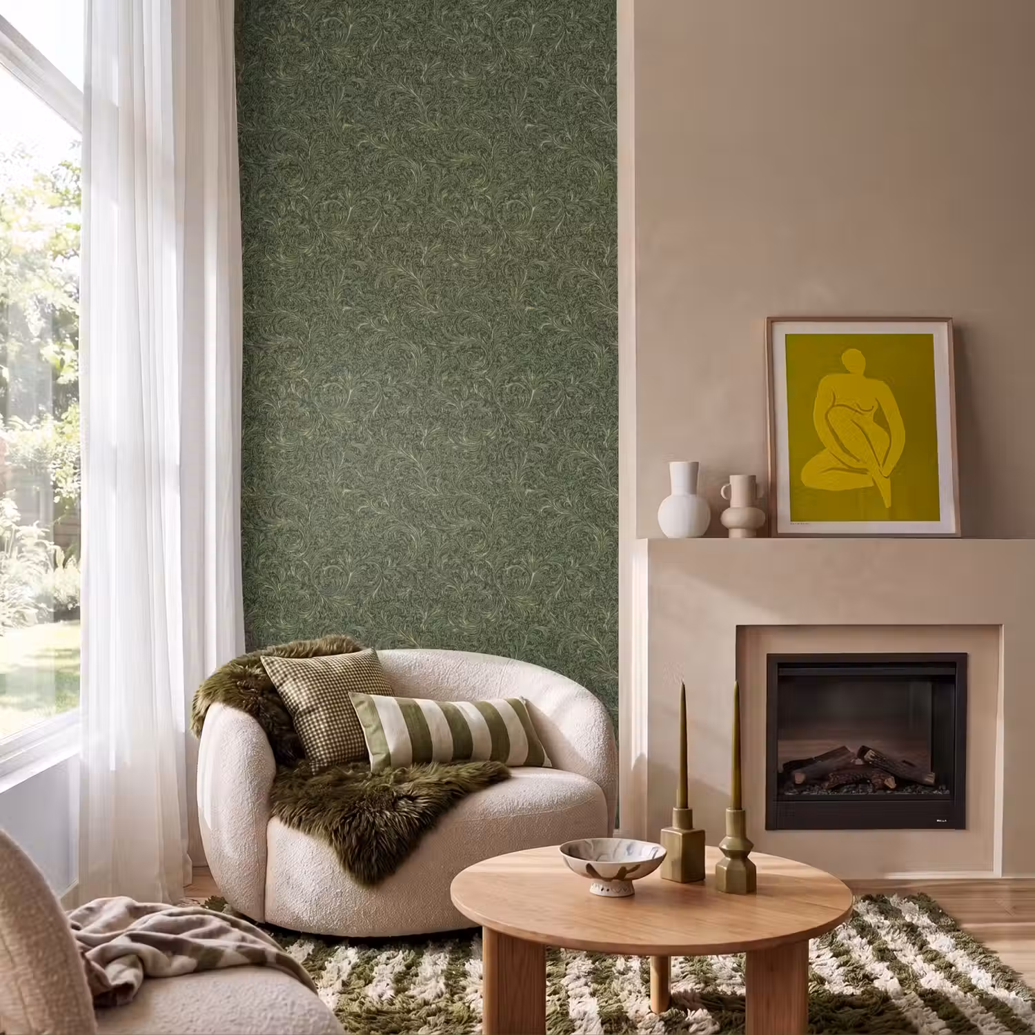Donker - Groen - Krullend - Botanisch Behang Vlies klein 1076 -sfeer2
