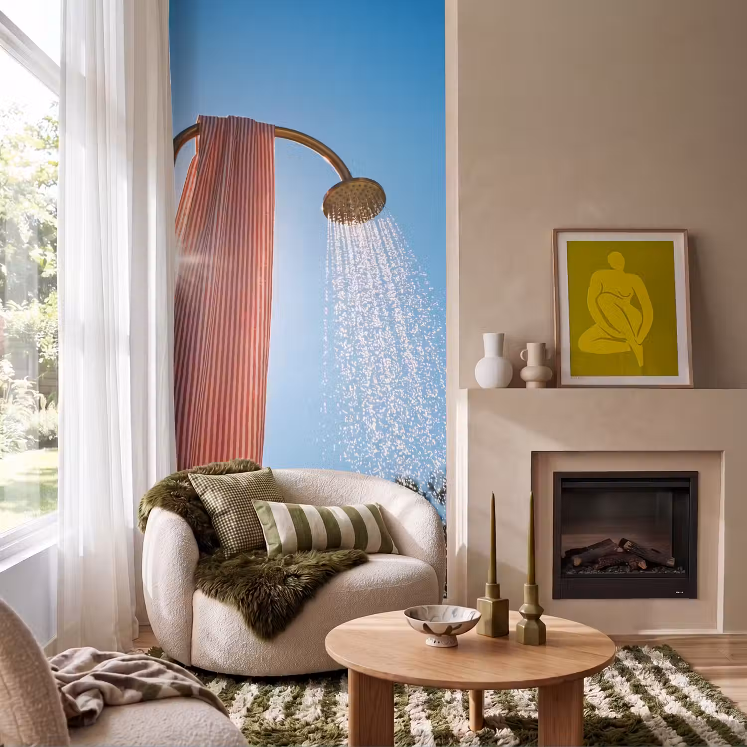 Douche - Water - Zomer - Blauw Behang Vlies klein -sfeer2