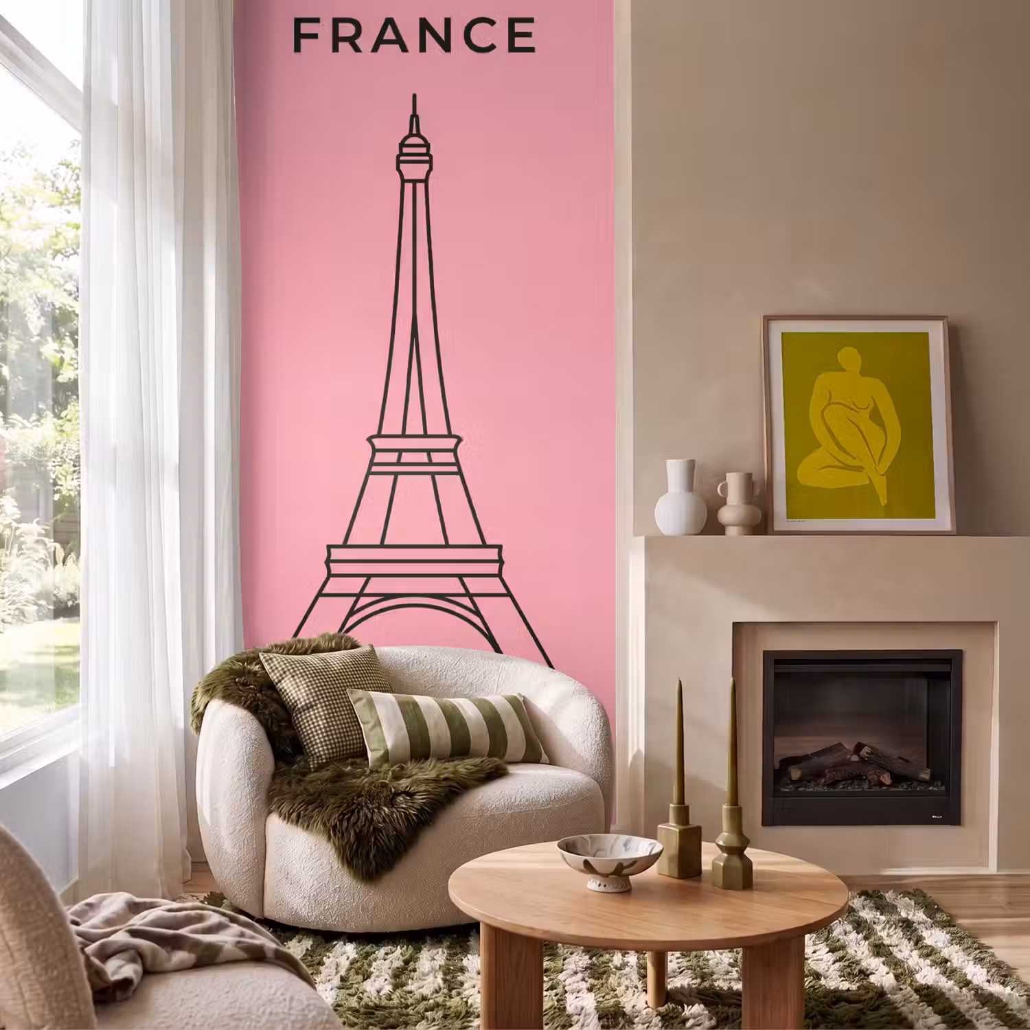 Eiffeltoren - Parijs - Architectuur - Minimalistisch - Roze Behang Vlies klein -sfeer2