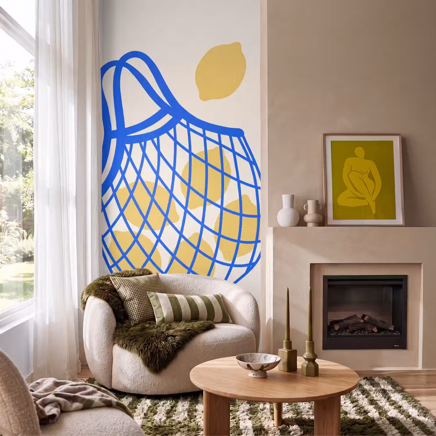 Eten - Citroen - Boodschappen - Abstract - Geel - Blauw Behang Vlies klein -sfeer2